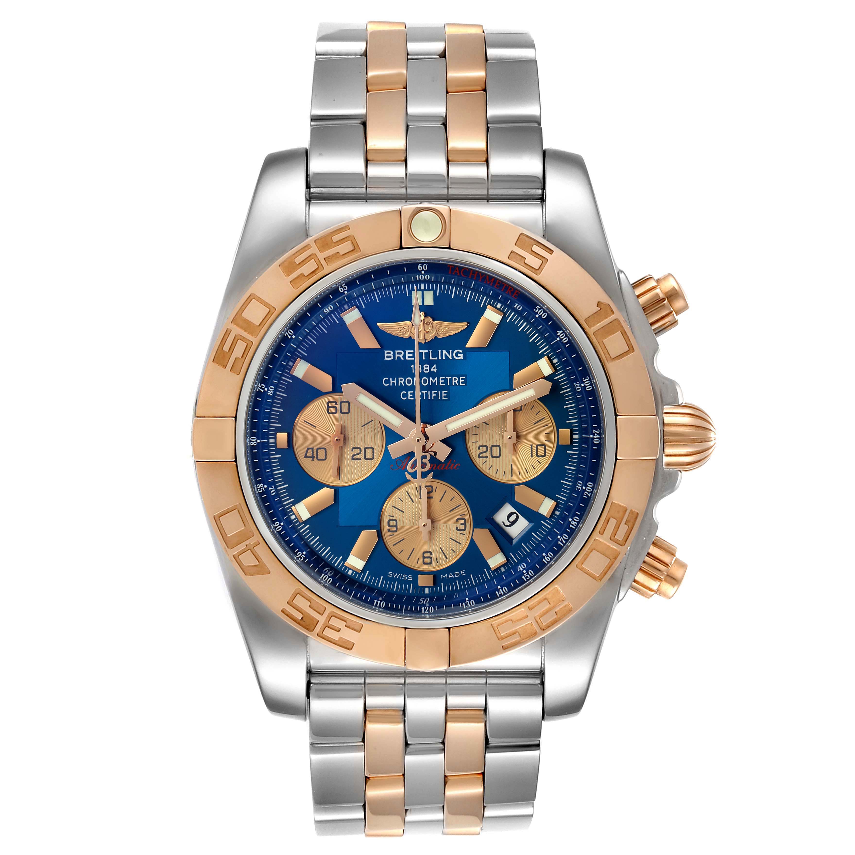 This image shows a front view of a Breitling Chronomat CB011012/C790 Men's Steel and Gold (two tone) Blue Dial CB011012/C790 Men's Steel and Gold (two tone) Blue Dial watch, detailing its blue dial, chronograph features, two-tone bezel, and bracelet.