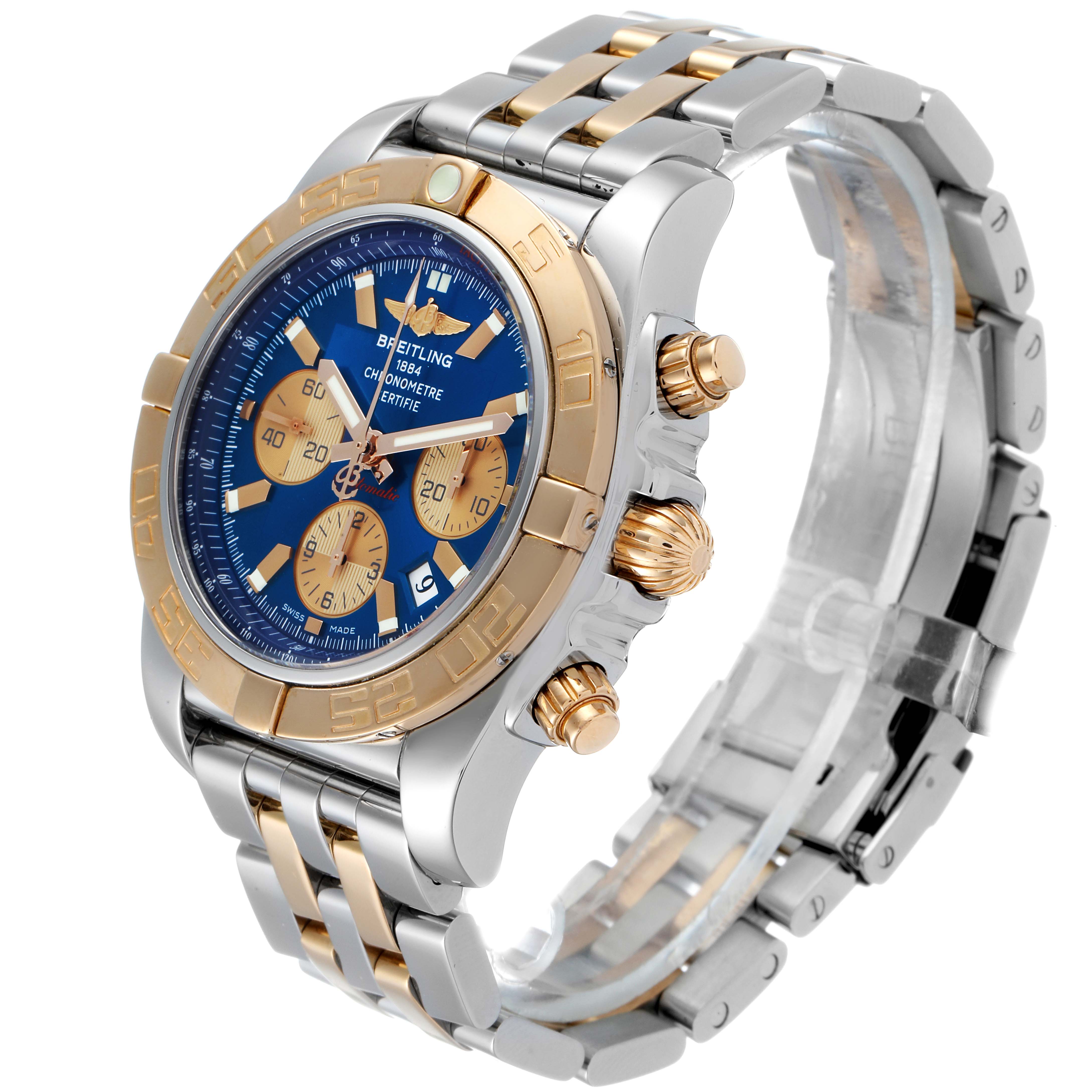 The image shows the Breitling Chronomat CB011012/C790 Men's Steel and Gold (two tone) Blue Dial CB011012/C790 Men's Steel and Gold (two tone) Blue Dial watch at a three-quarter angle emphasizing its dial, bezel, crown, and bracelet.