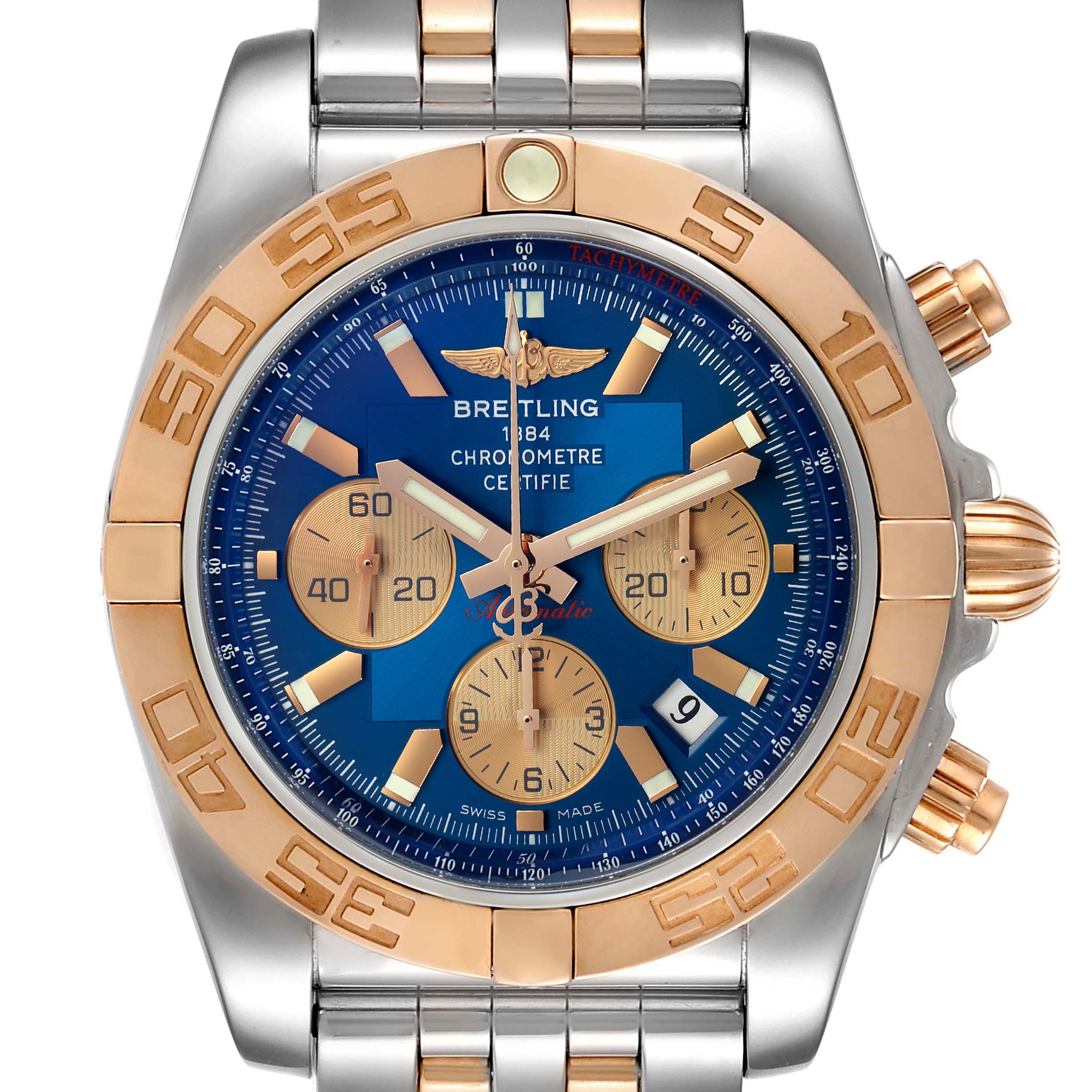 The image shows a front view of a Breitling Chronomat CB011012/C790 Men's Steel and Gold (two tone) Blue Dial CB011012/C790 Men's Steel and Gold (two tone) Blue Dial watch, showcasing the dial, bezel, and bracelet.