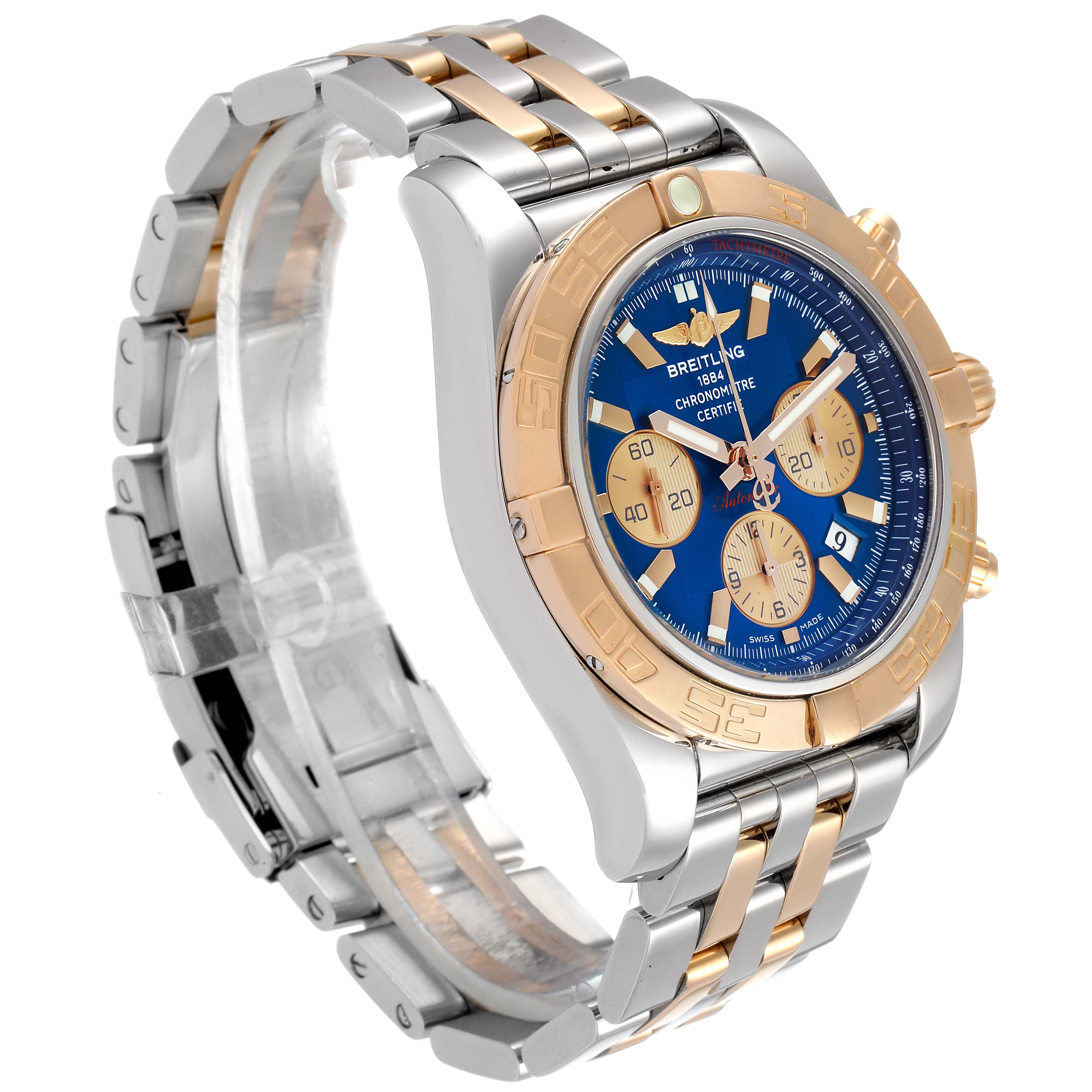 The Breitling Chronomat CB011012/C790 Men's Steel and Gold (two tone) Blue Dial CB011012/C790 Men's Steel and Gold (two tone) Blue Dial watch is shown at a side angle, displaying its two-tone bracelet, blue dial, and gold bezel with three sub-dials.