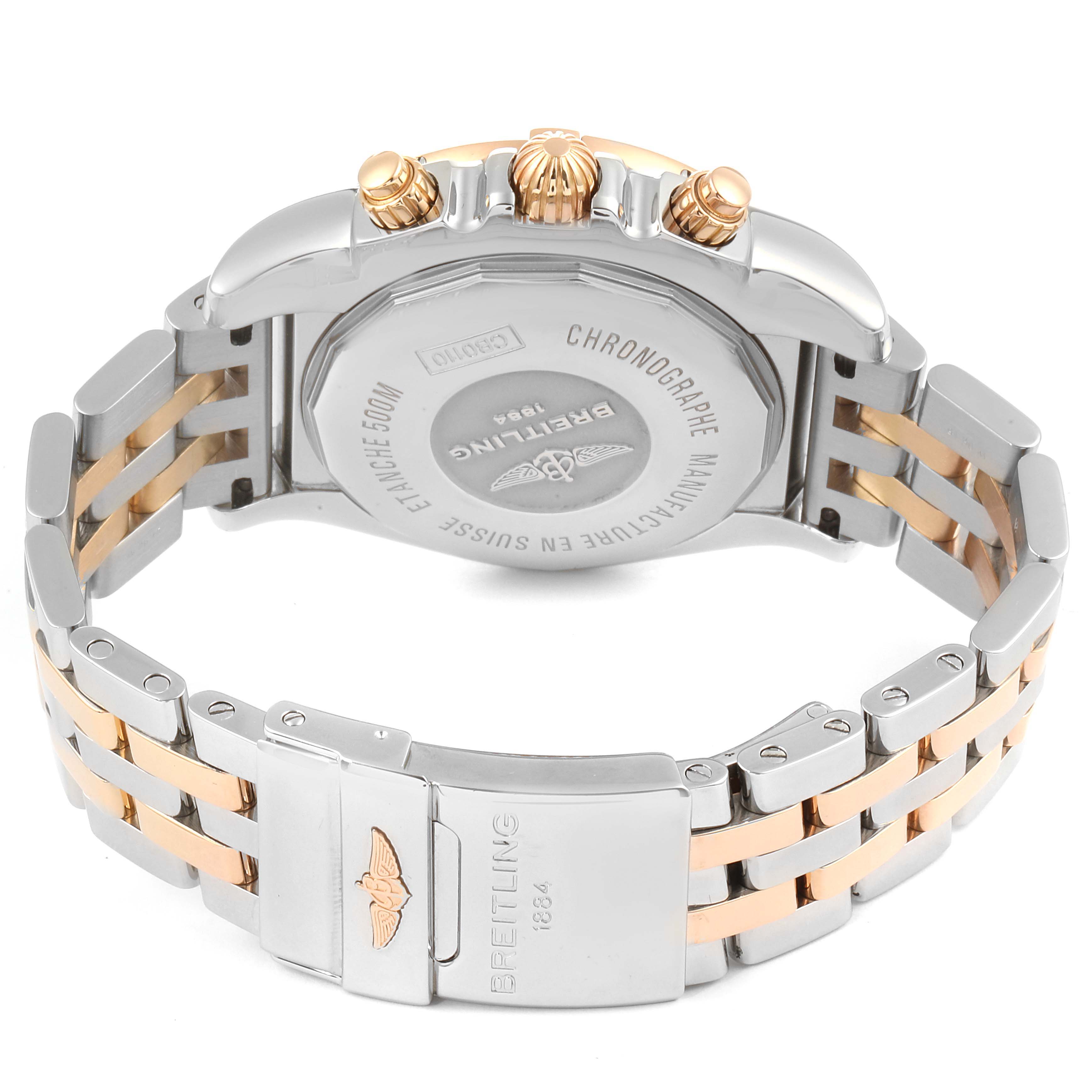 The image shows the back case and bracelet of a Breitling Chronomat CB011012/C790 Men's Steel and Gold (two tone) Blue Dial CB011012/C790 Men's Steel and Gold (two tone) Blue Dial watch at an angled rear view.