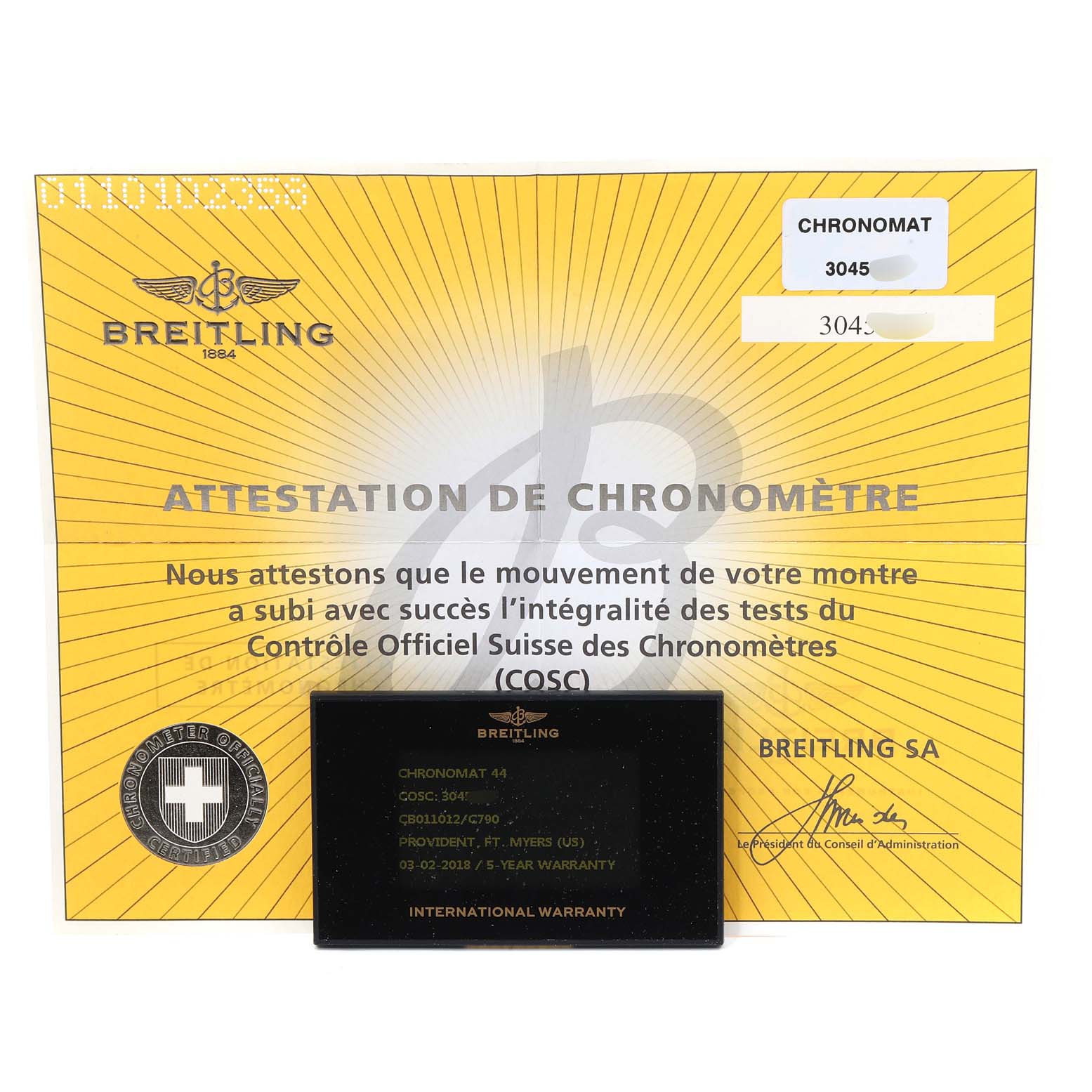 The image shows the warranty card and chronometer certification for the Breitling Chronomat CB011012/C790 Men's Steel and Gold (two tone) Blue Dial CB011012/C790 Men's Steel and Gold (two tone) Blue Dial model.