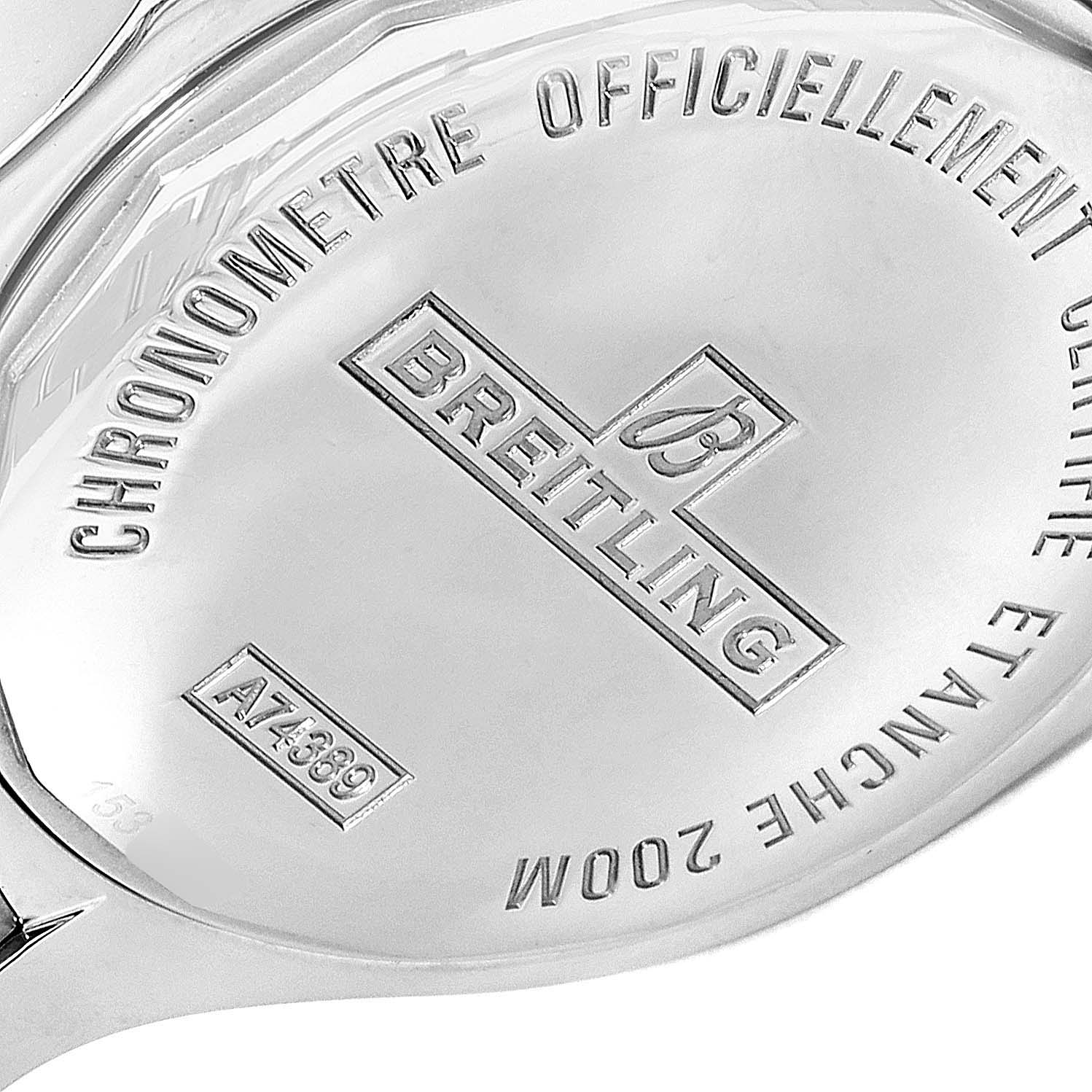 The image shows the case back of a Breitling A74389 Women
s Stainless Steel Mother of Pearl Dial A74389 Women
s Stainless Steel Mother of Pearl Dial Colt 36 MOP Diamond Dial Steel Ladies Watch model A74389, highlighting the brand logo and model number.