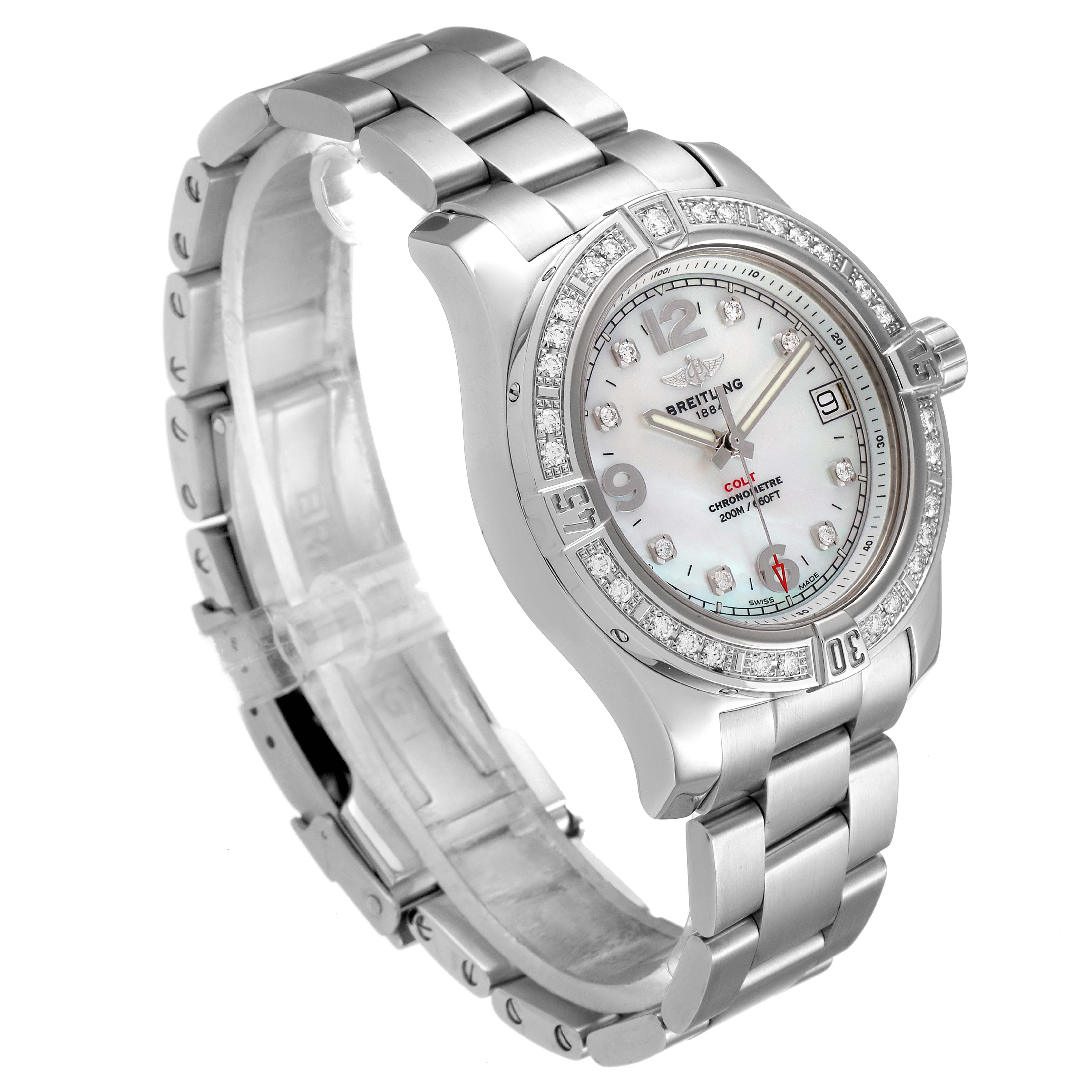 The image shows a Breitling A74389 Women
s Stainless Steel Mother of Pearl Dial A74389 Women
s Stainless Steel Mother of Pearl Dial Colt 36 MOP Diamond Dial Steel Ladies Watch A74389 from a front-side angle, highlighting its bracelet and face.