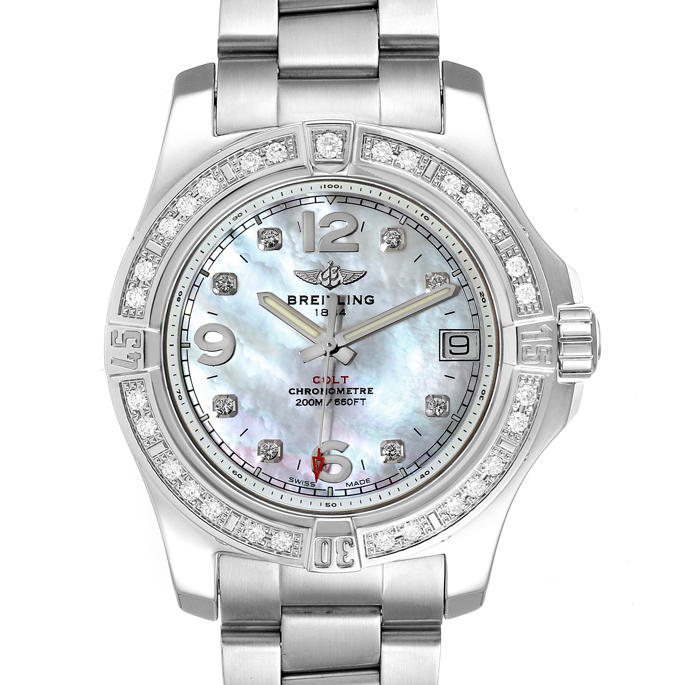 The image shows a Breitling A74389 Women
s Stainless Steel Mother of Pearl Dial A74389 Women
s Stainless Steel Mother of Pearl Dial Colt 36 MOP Diamond Dial Steel Ladies Watch A74389 from a front angle.