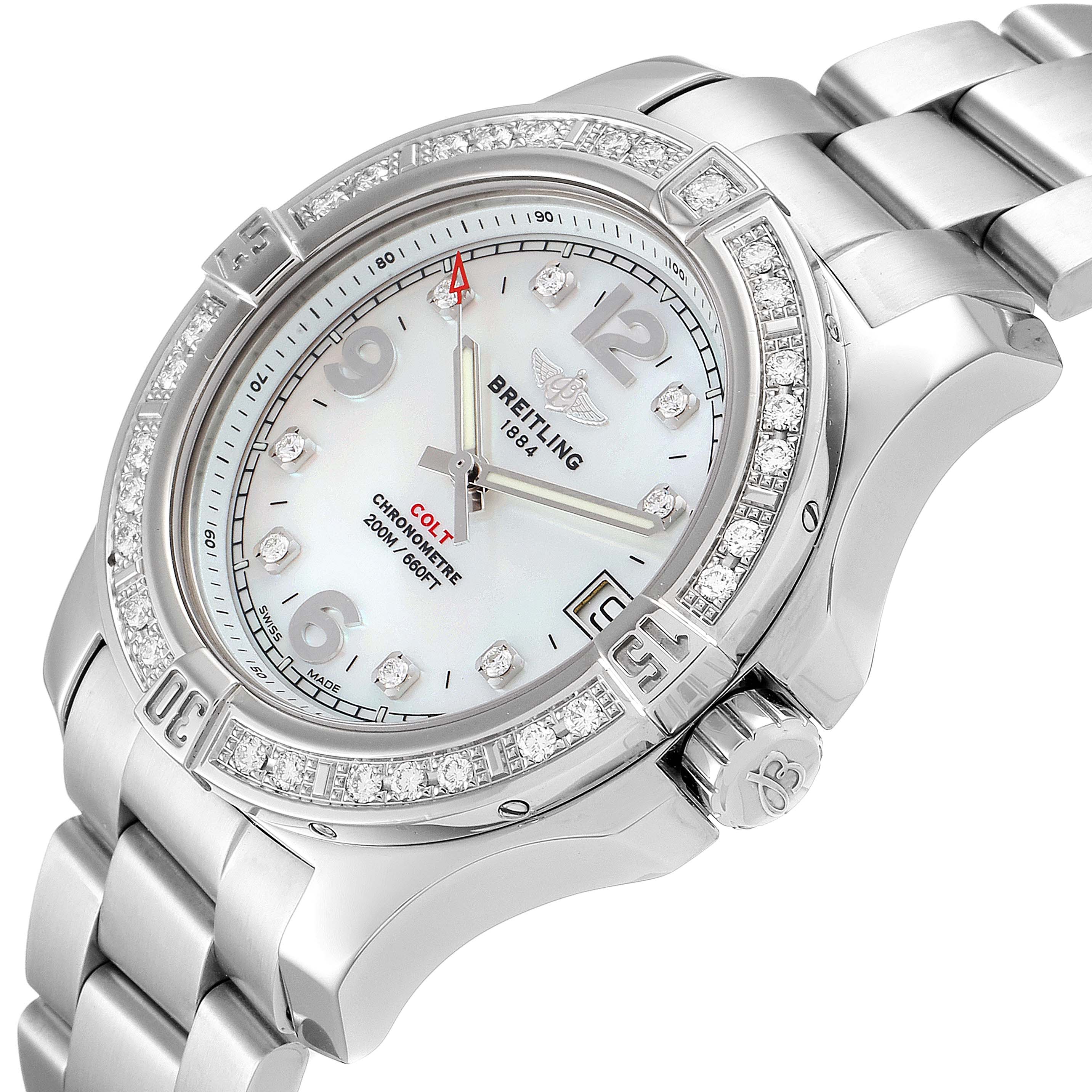 The image shows a Breitling A74389 Women
s Stainless Steel Mother of Pearl Dial A74389 Women
s Stainless Steel Mother of Pearl Dial Colt 36 MOP Diamond Dial Steel Ladies Watch A74389 at an angled view highlighting the bezel, dial, and bracelet.
