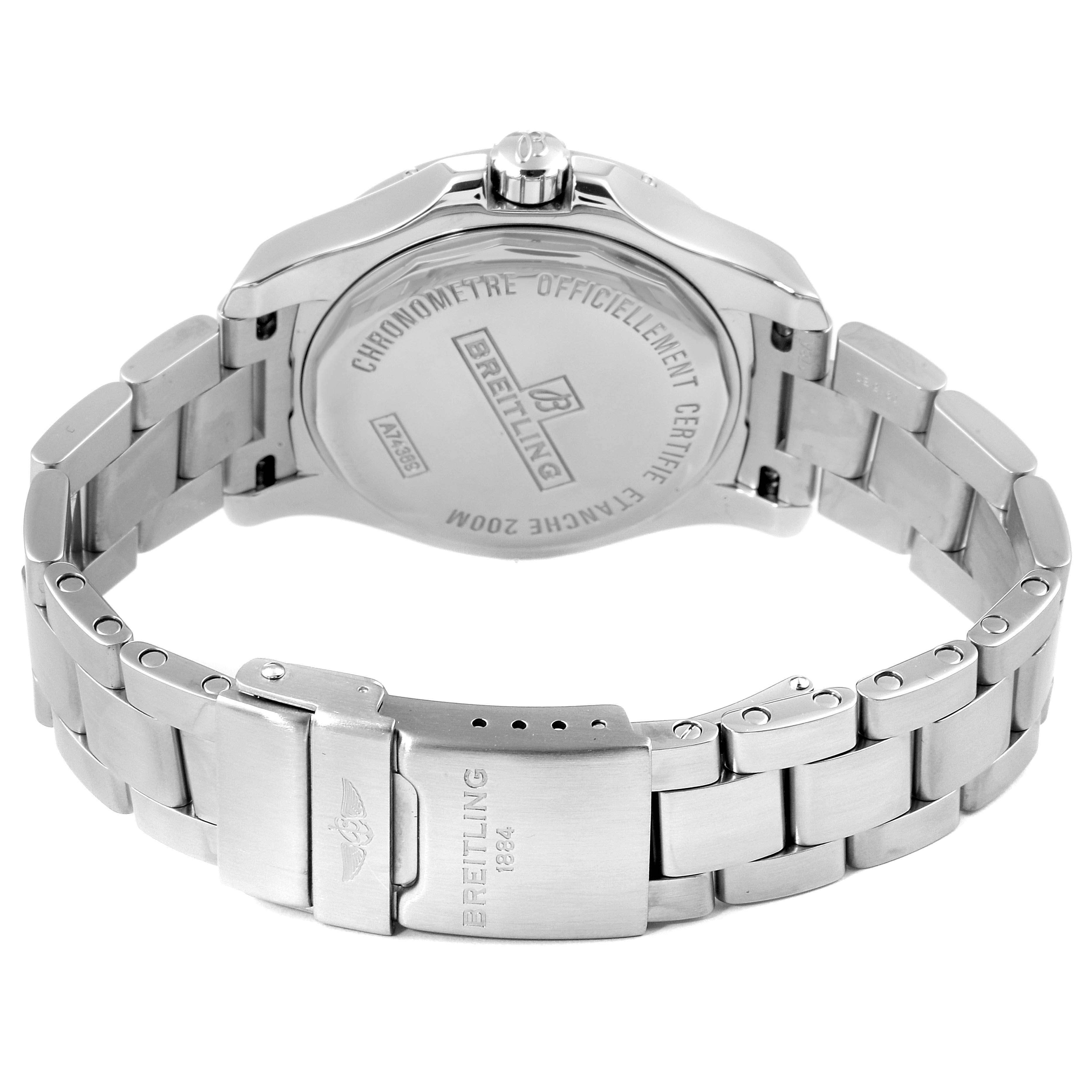 The image shows the back and bracelet of a Breitling A74389 Women
s Stainless Steel Mother of Pearl Dial A74389 Women
s Stainless Steel Mother of Pearl Dial Colt 36 MOP Diamond Dial Steel Ladies Watch A74389 Unworn model.
