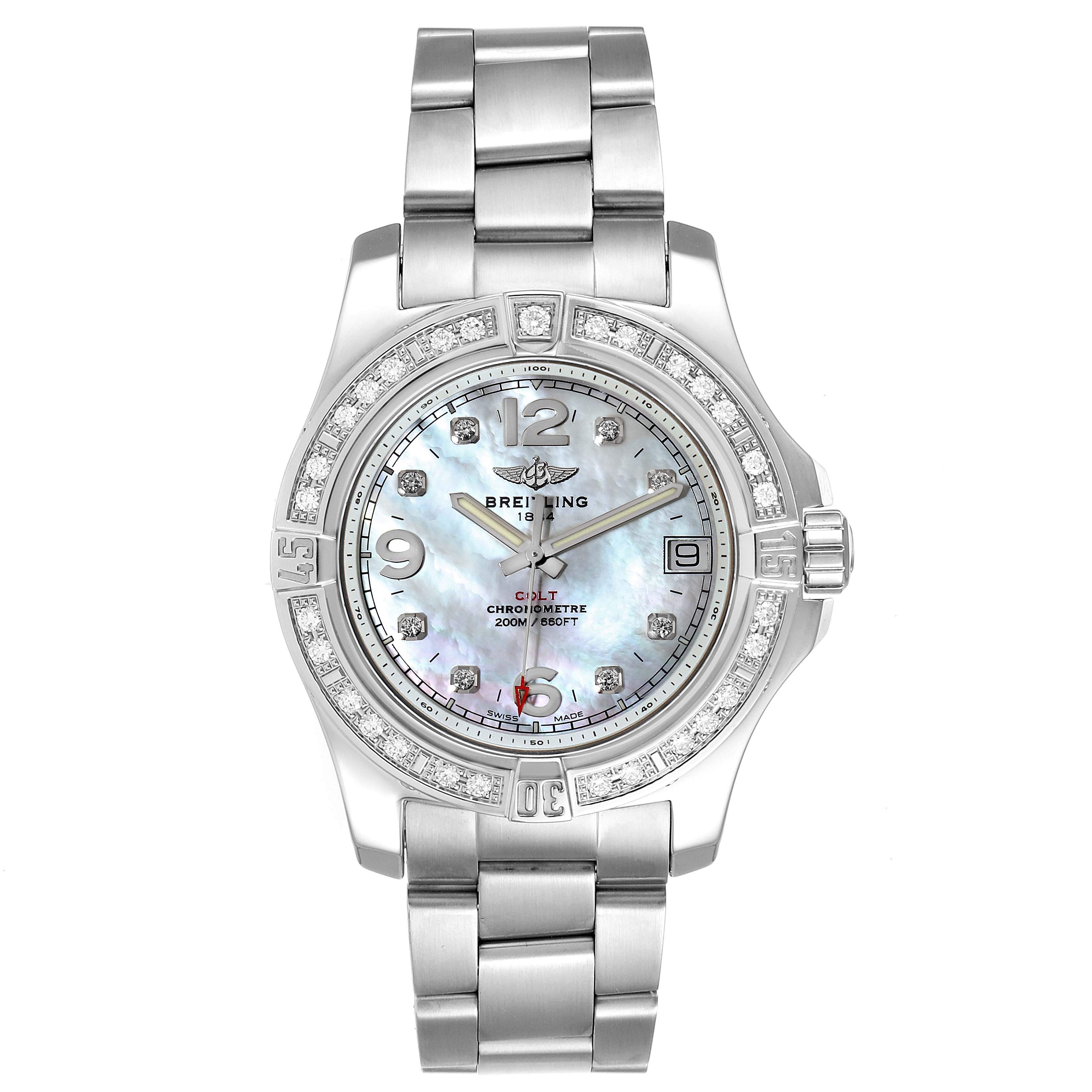 The image shows a front view of the Breitling A74389 Women
s Stainless Steel Mother of Pearl Dial A74389 Women
s Stainless Steel Mother of Pearl Dial Colt 36 MOP Diamond Dial Steel Ladies Watch A74389 Unworn model, displaying the face and bracelet.