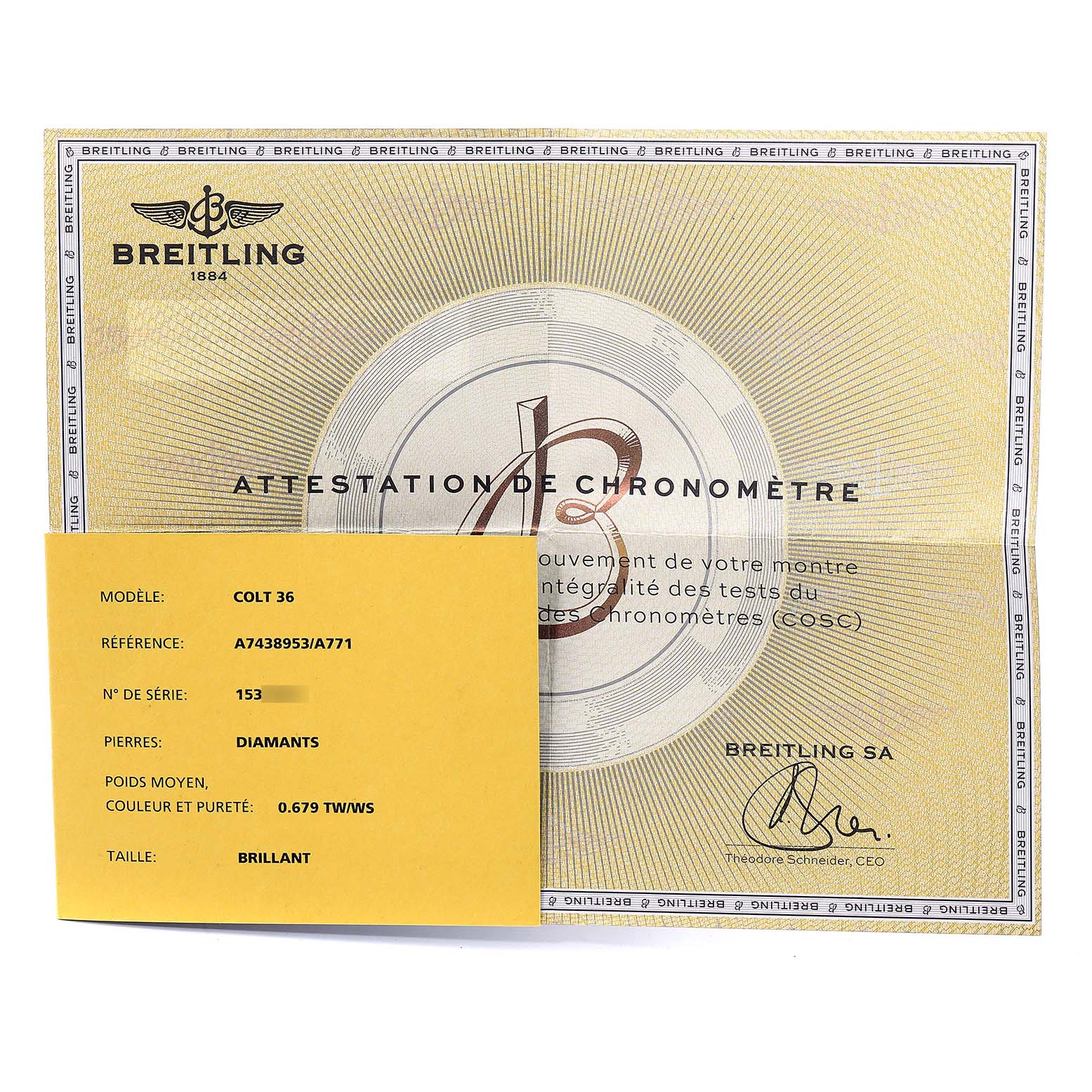 The image shows the certificate of Best Quality
ity for the Breitling A74389 Women
s Stainless Steel Mother of Pearl Dial A74389 Women
s Stainless Steel Mother of Pearl Dial Colt 36 MOP Diamond Dial Steel Ladies Watch A74389 Unworn model.