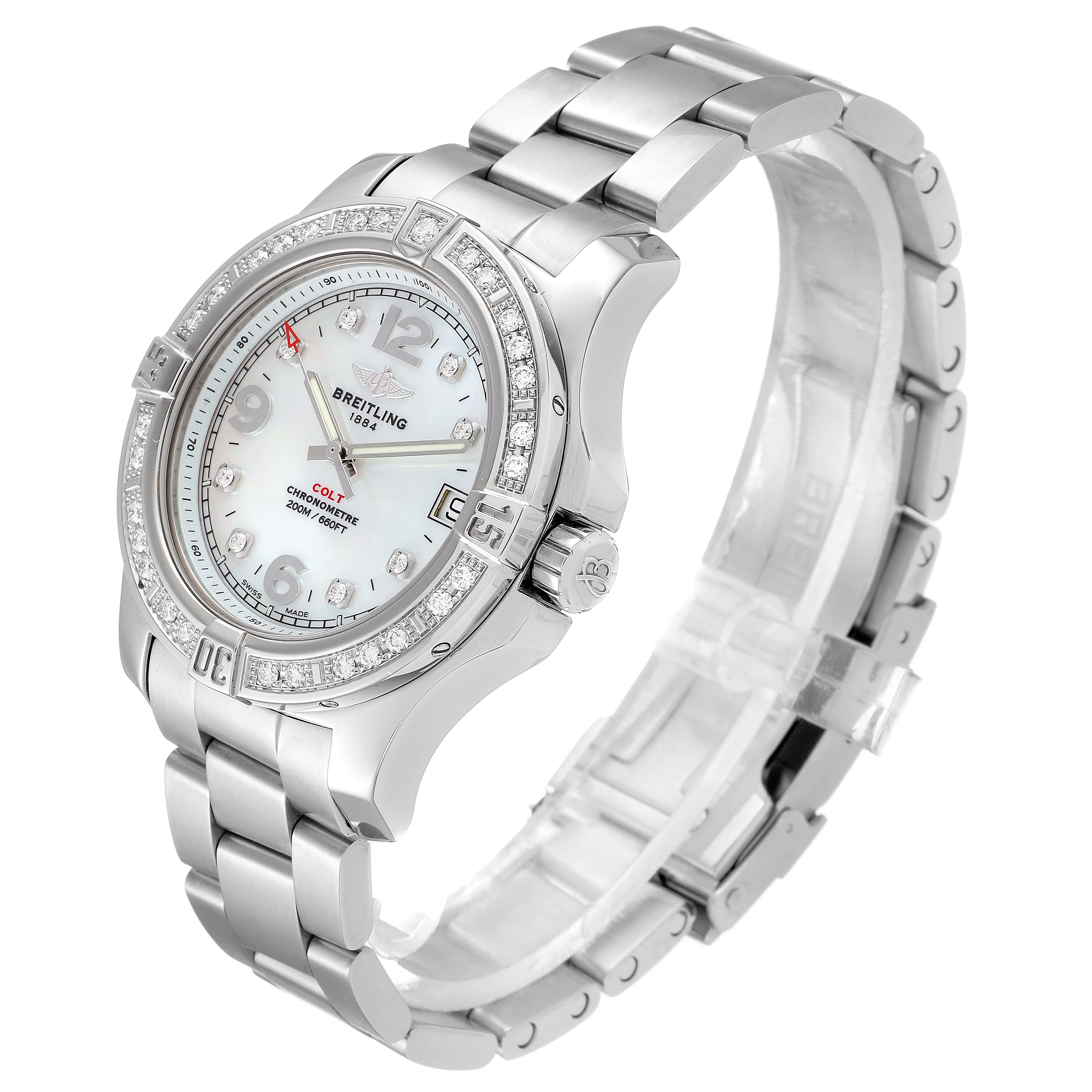 The Breitling A74389 Women
s Stainless Steel Mother of Pearl Dial A74389 Women
s Stainless Steel Mother of Pearl Dial Colt 36 MOP Diamond Dial Steel Ladies Watch A74389 is shown at an angled side view displaying the dial, bezel, and bracelet.