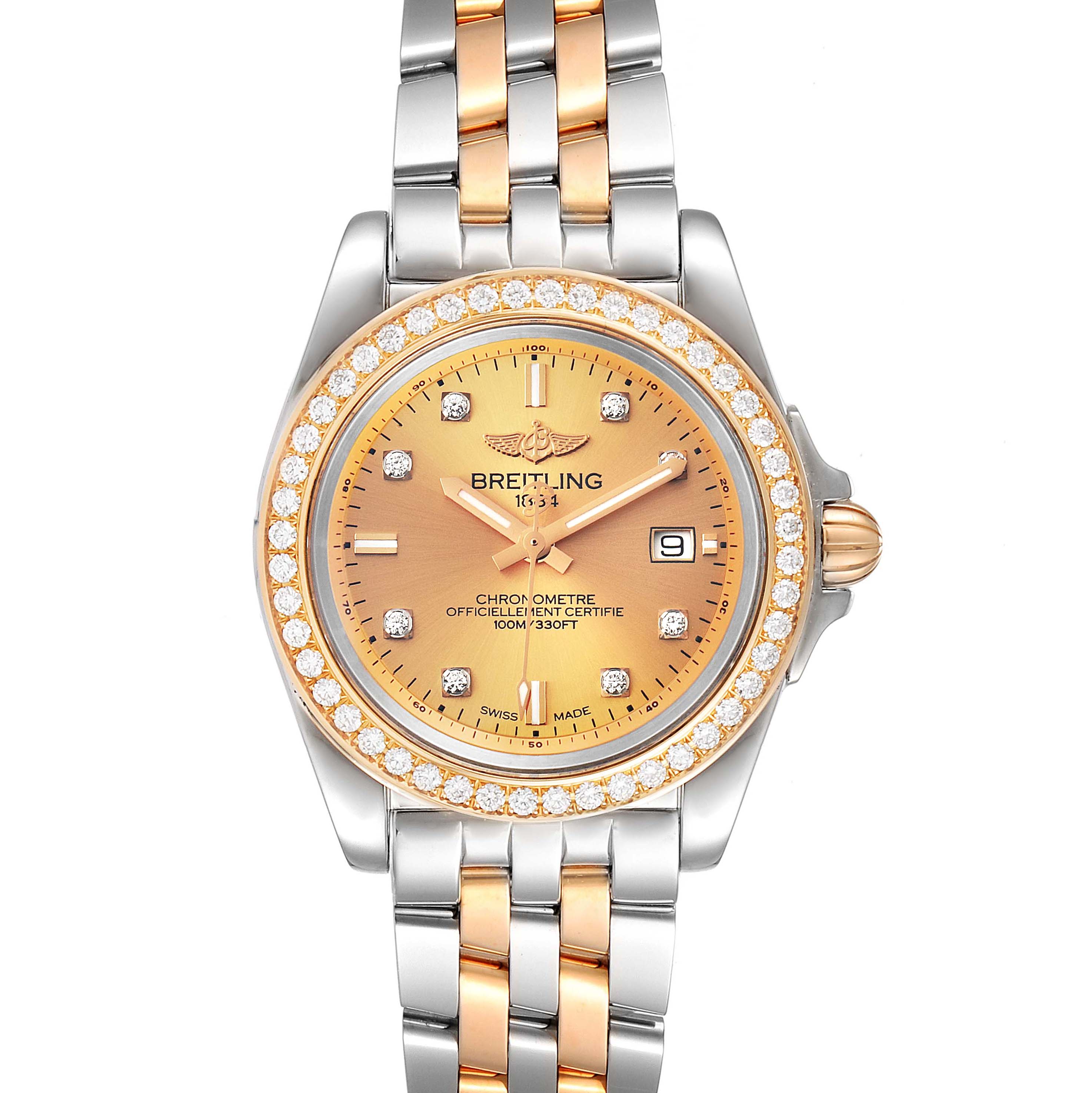 The Breitling C71330 Women's Steel and Gold (two tone) Champagne Dial C71330 Women's Steel and Gold (two tone) Champagne Dial Galactic 32 Steel Rose Gold Diamond Women's Watch C71330 is shown from the front, displaying the face, bezel, and bracelet.