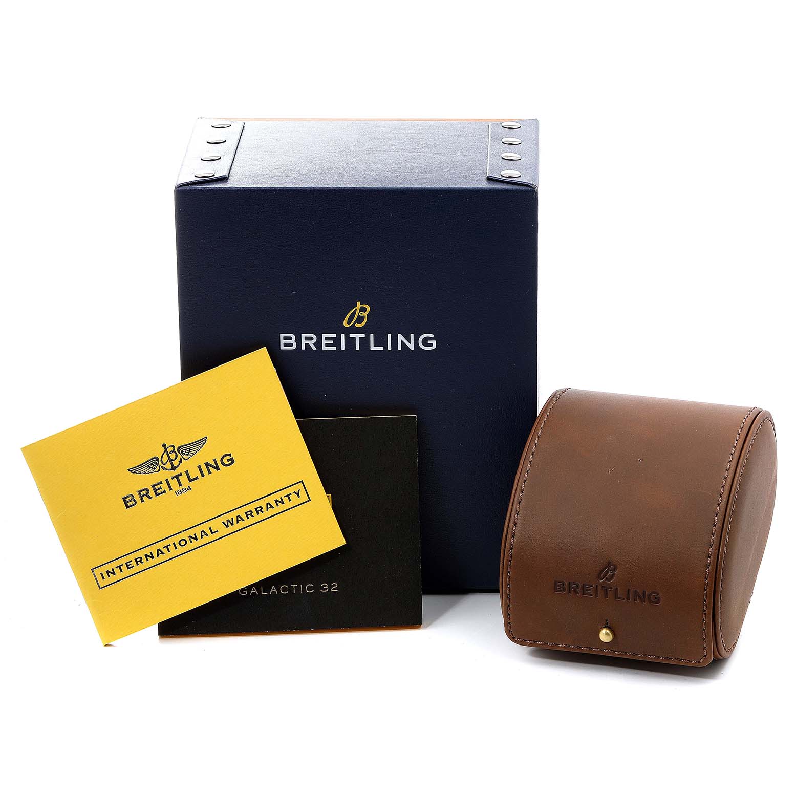The image shows the box, warranty card, and carrying case for the Breitling C71330 Women's Steel and Gold (two tone) Champagne Dial C71330 Women's Steel and Gold (two tone) Champagne Dial Galactic 32 Steel Rose Gold Diamond Women's Watch C71330.