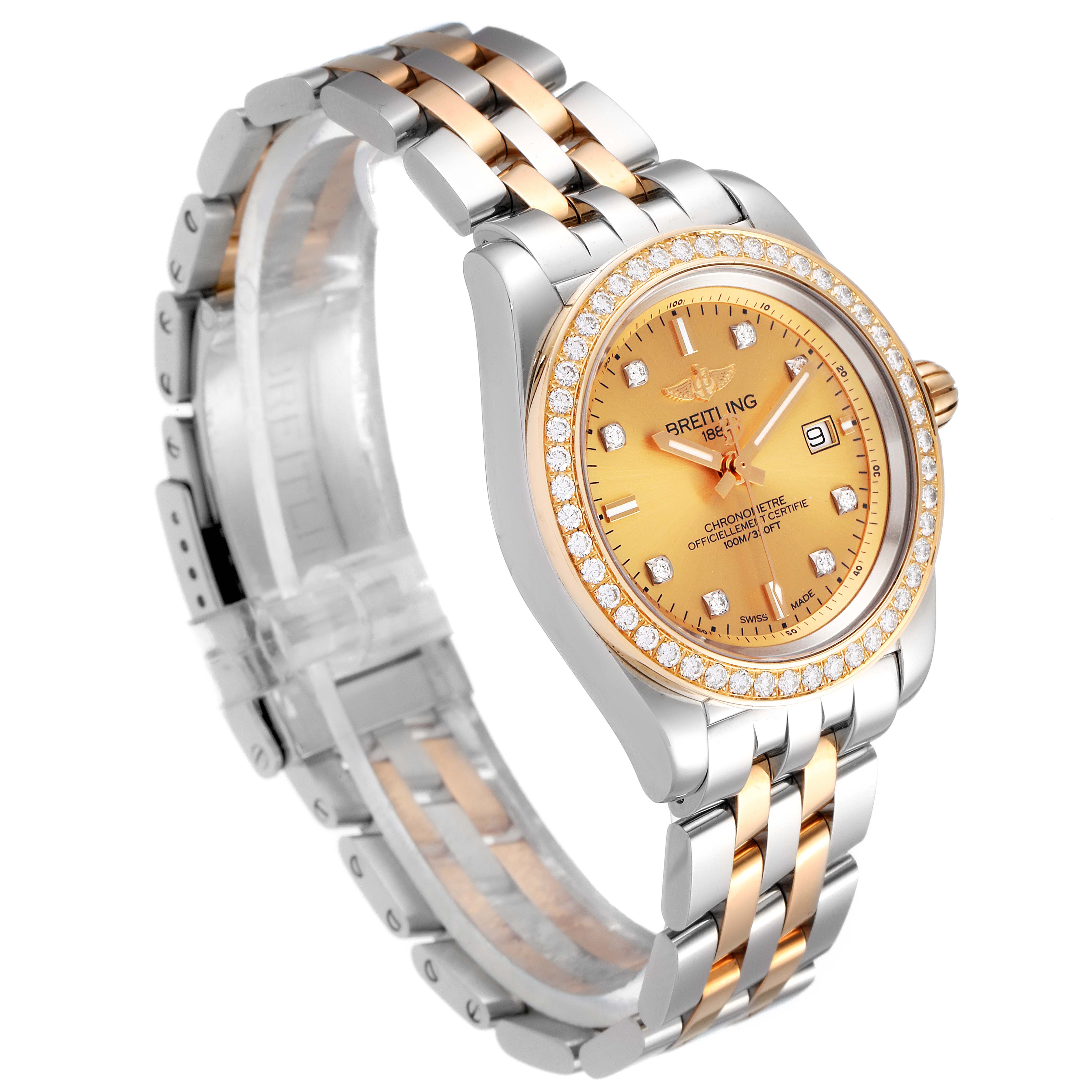 The image shows a three-quarter view of the Breitling C71330 Women's Steel and Gold (two tone) Champagne Dial C71330 Women's Steel and Gold (two tone) Champagne Dial Galactic 32 Steel Rose Gold Diamond Womens Watch C71330, highlighting the bracelet and face.