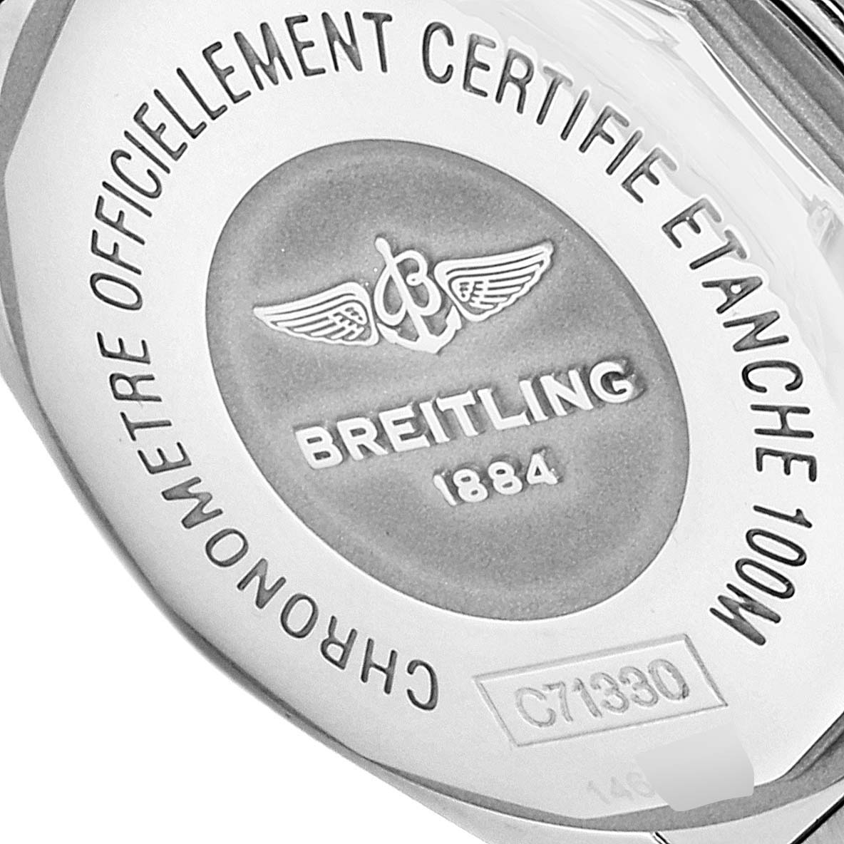 The image shows the back case of the Breitling C71330 Women's Steel and Gold (two tone) Champagne Dial C71330 Women's Steel and Gold (two tone) Champagne Dial Galactic 32 Steel Rose Gold Diamond Women's Watch C71330.