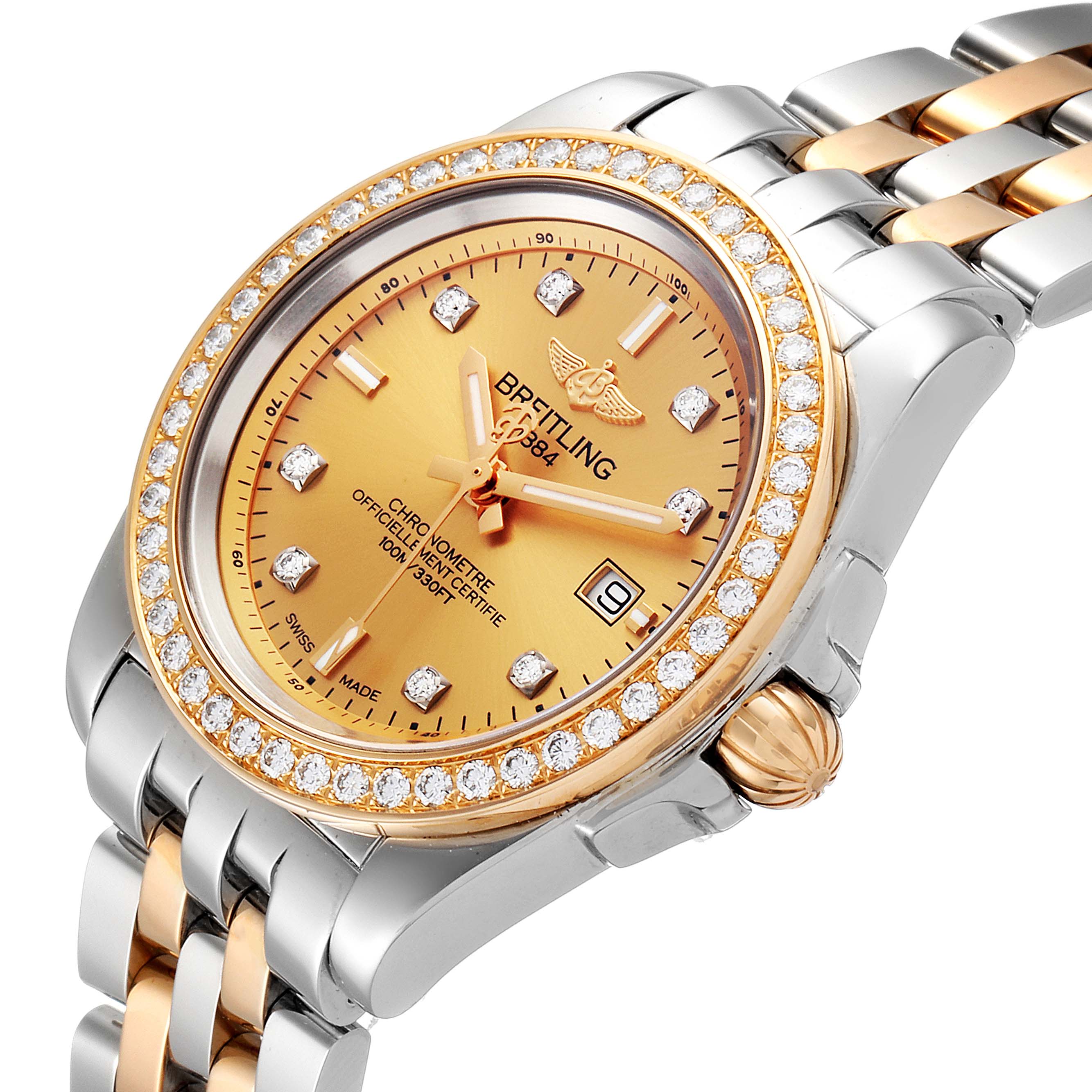 The image shows a close-up angle of the Breitling C71330 Women's Steel and Gold (two tone) Champagne Dial C71330 Women's Steel and Gold (two tone) Champagne Dial Galactic 32 Steel Rose Gold Diamond Women's Watch C71330, highlighting its dial, bezel, and bracelet.