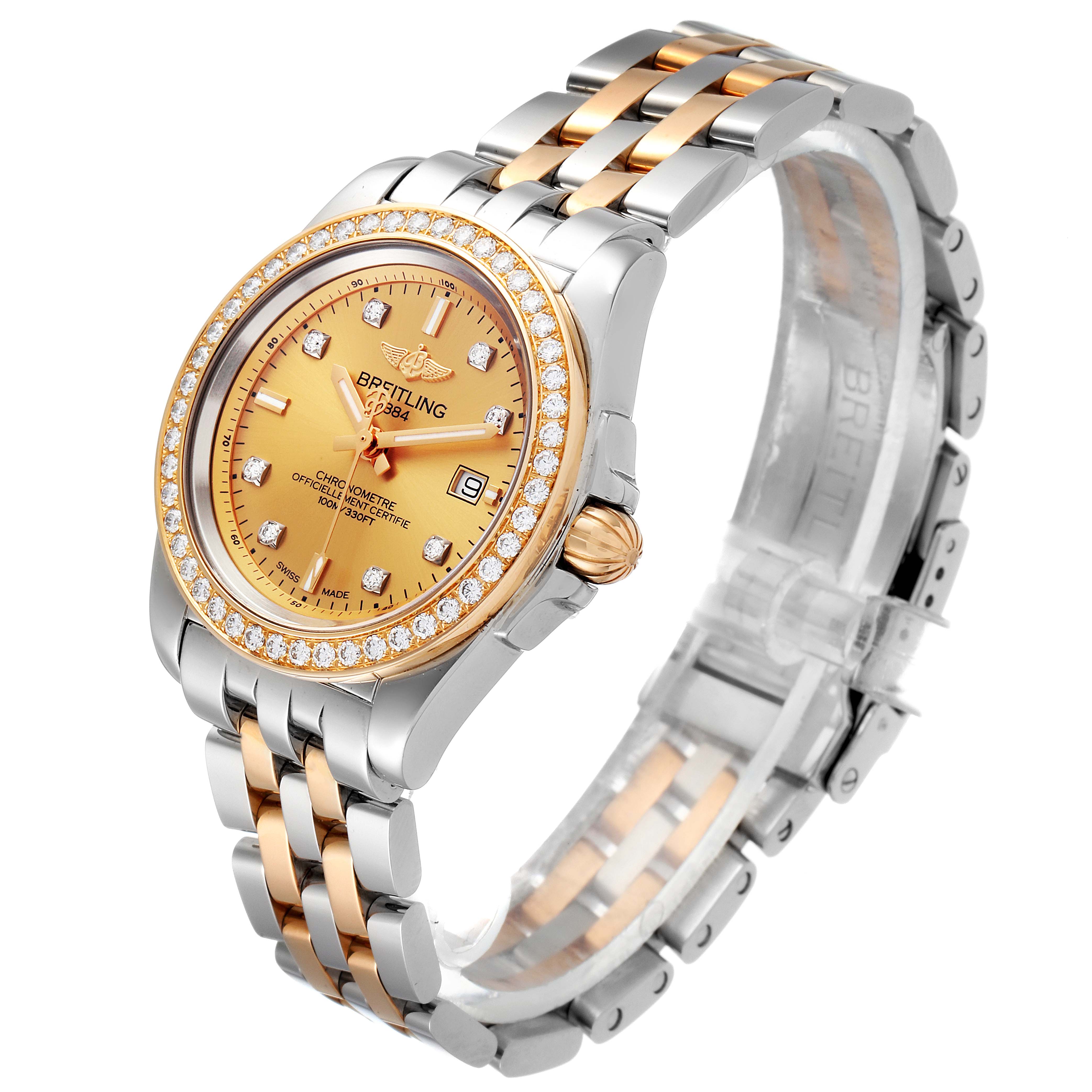 The image shows a Breitling C71330 Women's Steel and Gold (two tone) Champagne Dial C71330 Women's Steel and Gold (two tone) Champagne Dial Galactic 32 Steel Rose Gold Diamond Women's Watch C71330 at a three-quarter angle, highlighting the face, bezel, and bracelet.