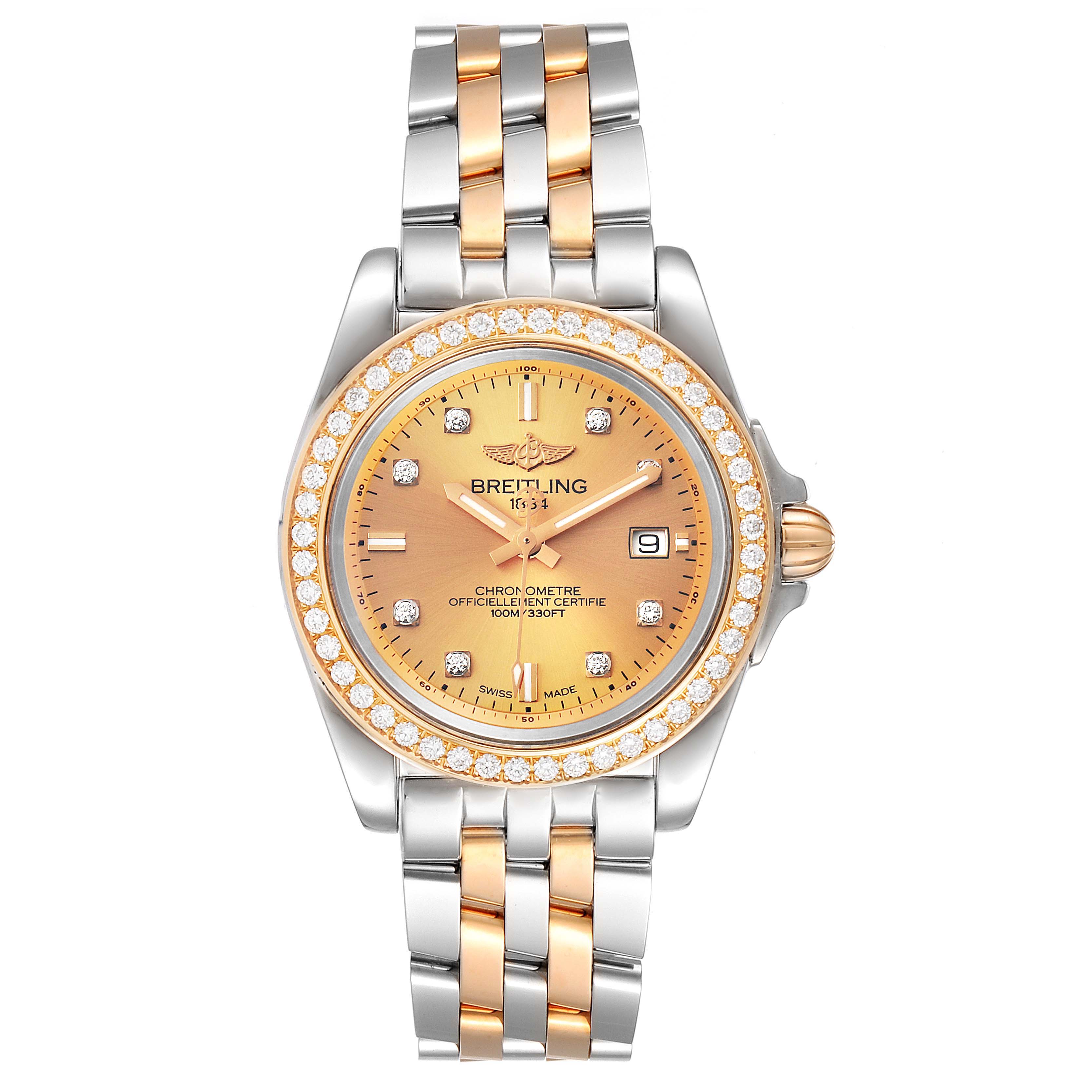 The image shows a front view of the Breitling C71330 Women's Steel and Gold (two tone) Champagne Dial C71330 Women's Steel and Gold (two tone) Champagne Dial Galactic 32 Steel Rose Gold Diamond Women's Watch C71330, displaying its dial and bracelet.