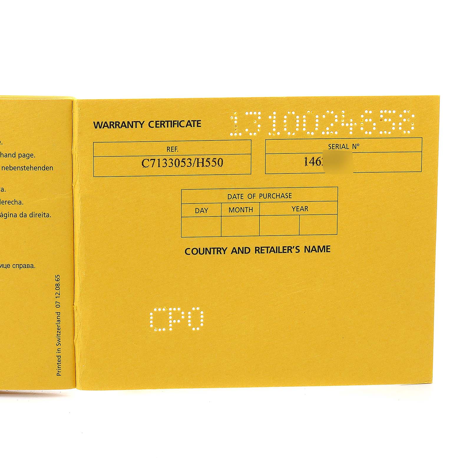 This image shows the warranty certificate for the Breitling C71330 Women's Steel and Gold (two tone) Champagne Dial C71330 Women's Steel and Gold (two tone) Champagne Dial Galactic 32 Steel Rose Gold Diamond Women's Watch, model C71330.