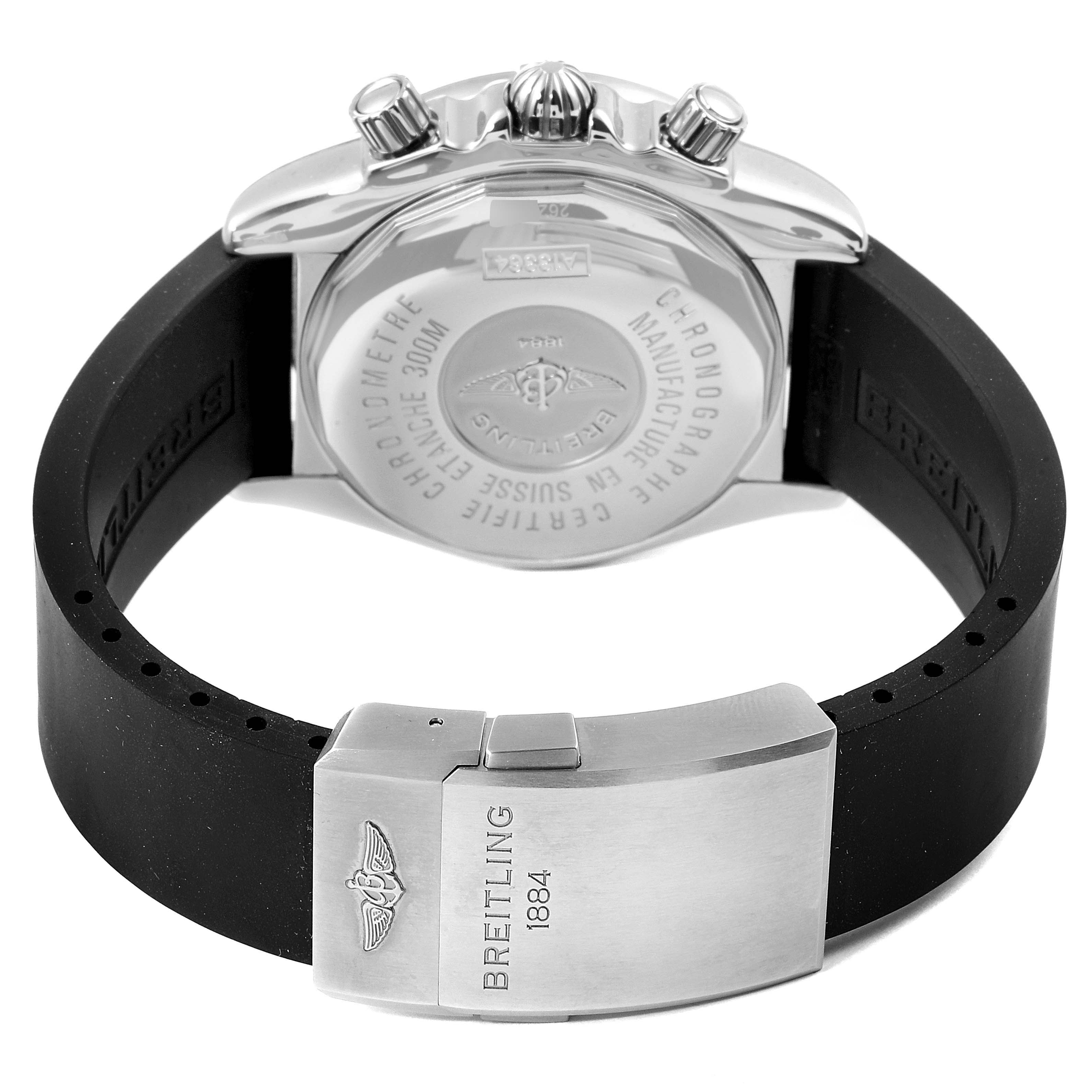 The image shows the back view of a Breitling Galactic A13364 Men's Stainless Steel Grey Dial A13364 Men's Stainless Steel Grey Dial watch, focusing on the case back and rubber strap with a clasp.