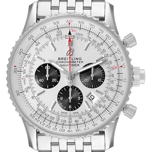 The Breitling Navitimer AB0311 Men's Stainless Steel Silver Dial watch is shown from a front angle, displaying its dial, chronograph subdials, bezel, and date window.
