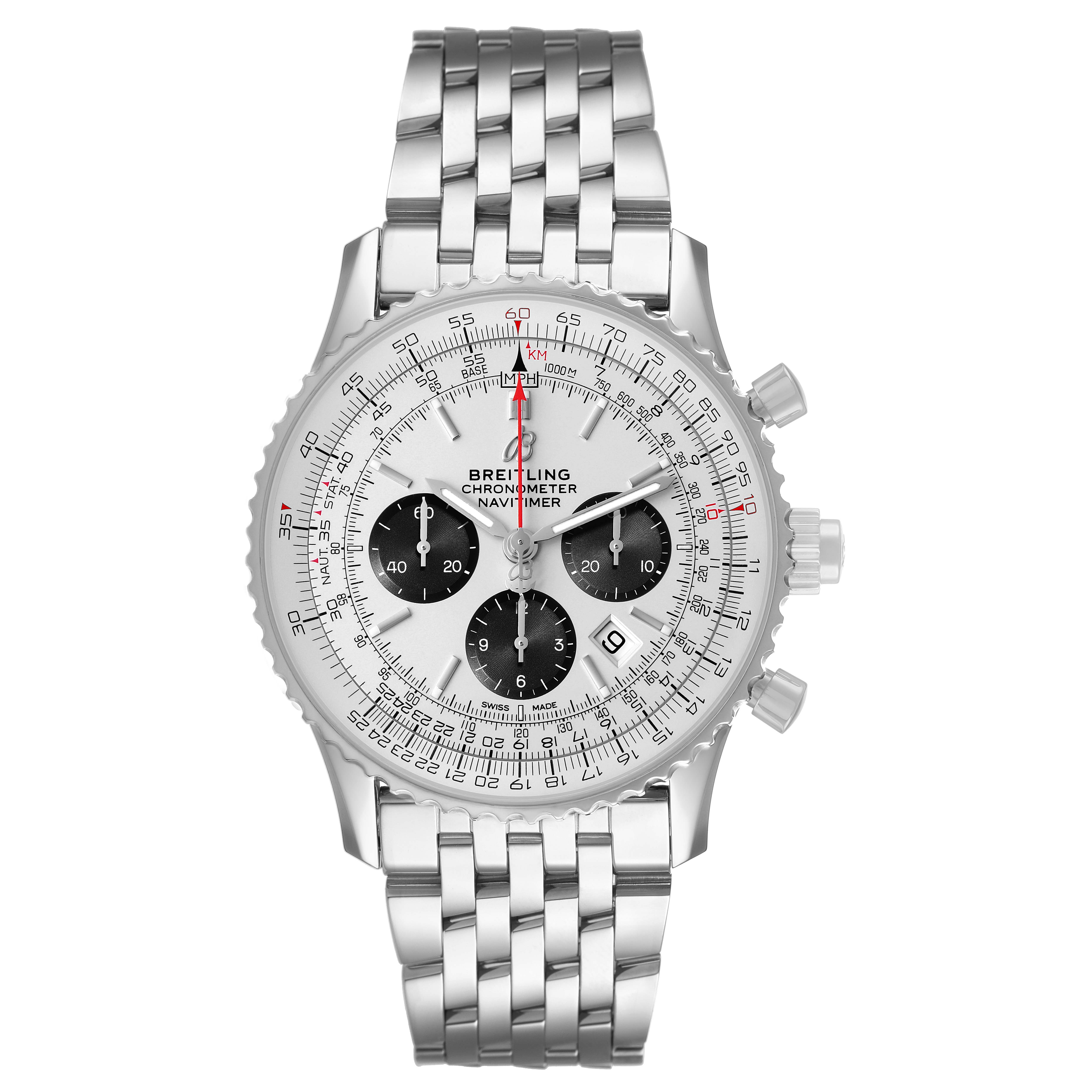 The Breitling Navitimer AB0311 Men's Stainless Steel Silver Dial watch is shown from a straight-on angle, highlighting its dial, bezel, and stainless steel bracelet.