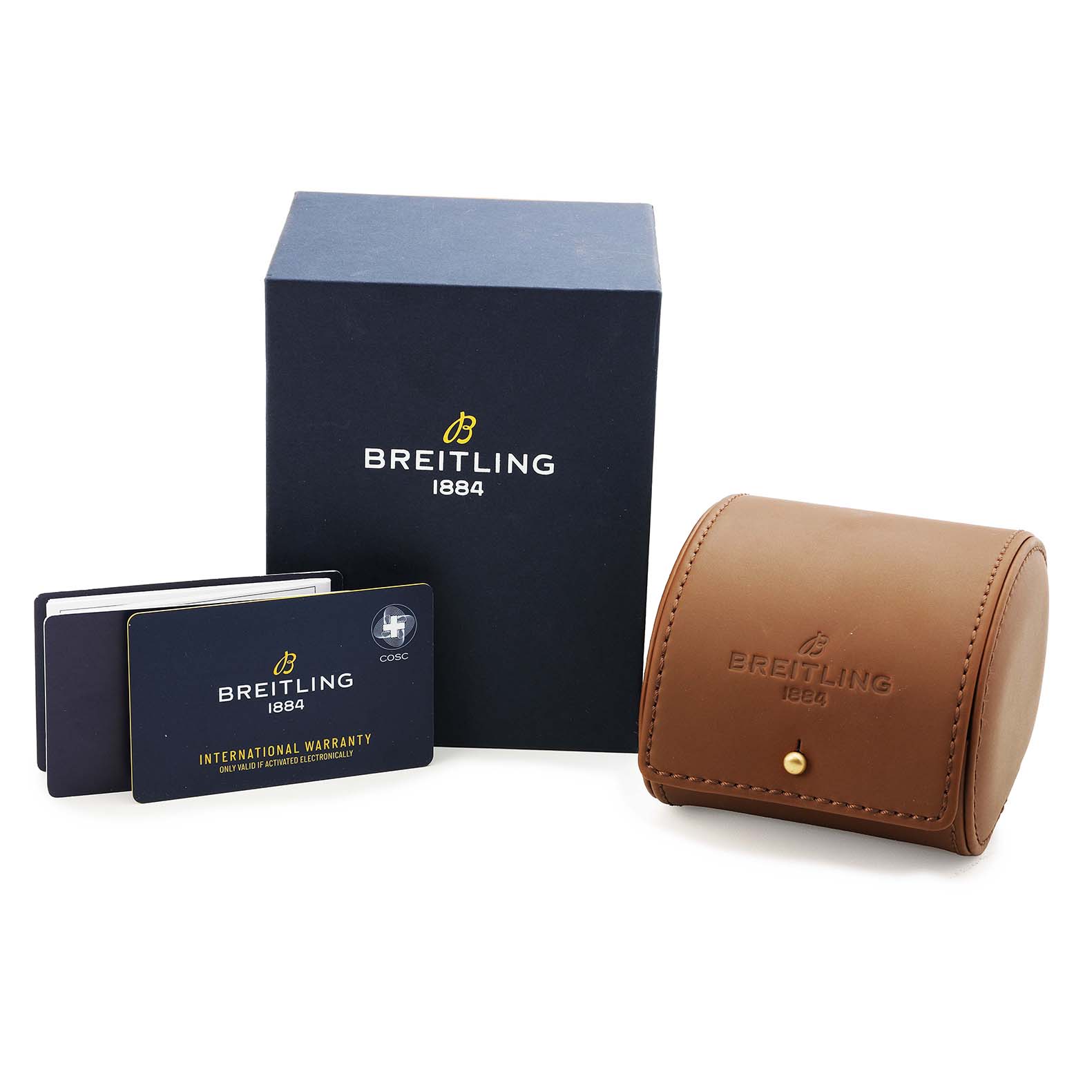 The image shows Breitling Navitimer AB0311 Men's Stainless Steel Silver Dial packaging, warranty cards, and a leather watch case from a slightly angled front view.