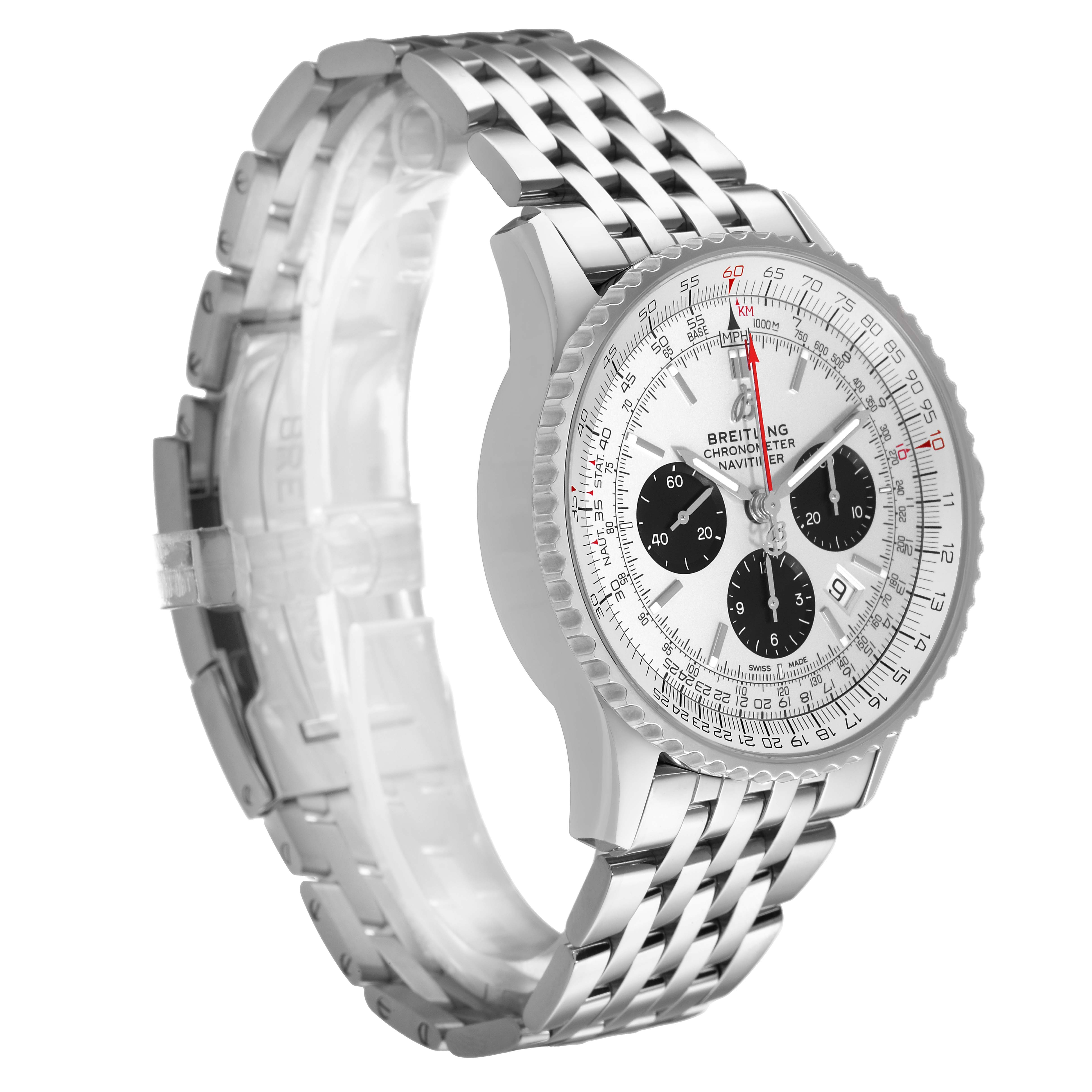 The Breitling Navitimer AB0311 Men's Stainless Steel Silver Dial watch is shown at a three-quarter angle, displaying its face and metal link bracelet.