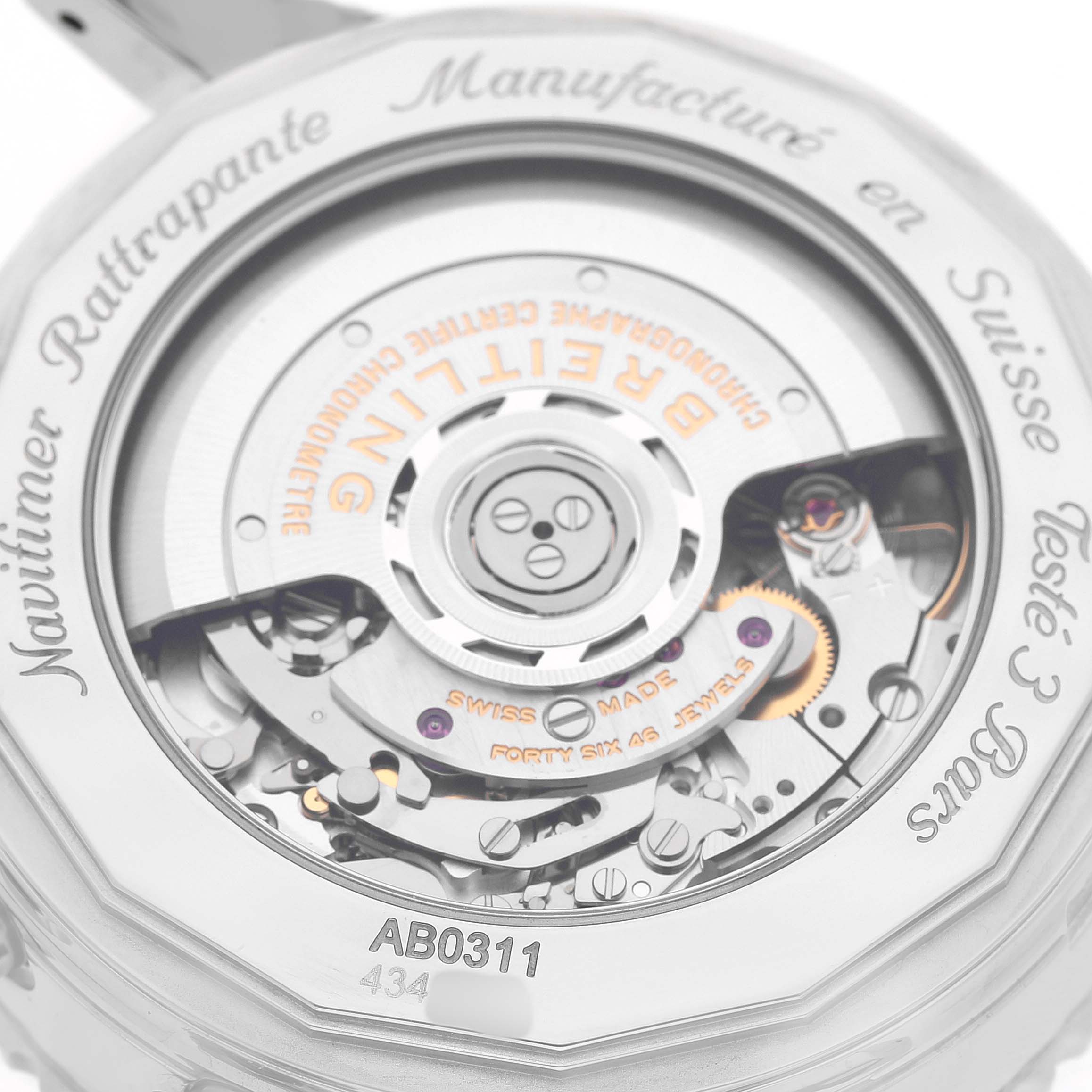 The image shows the back view of a Breitling Navitimer AB0311 Men's Stainless Steel Silver Dial, highlighting its intricate movement and engravings.
