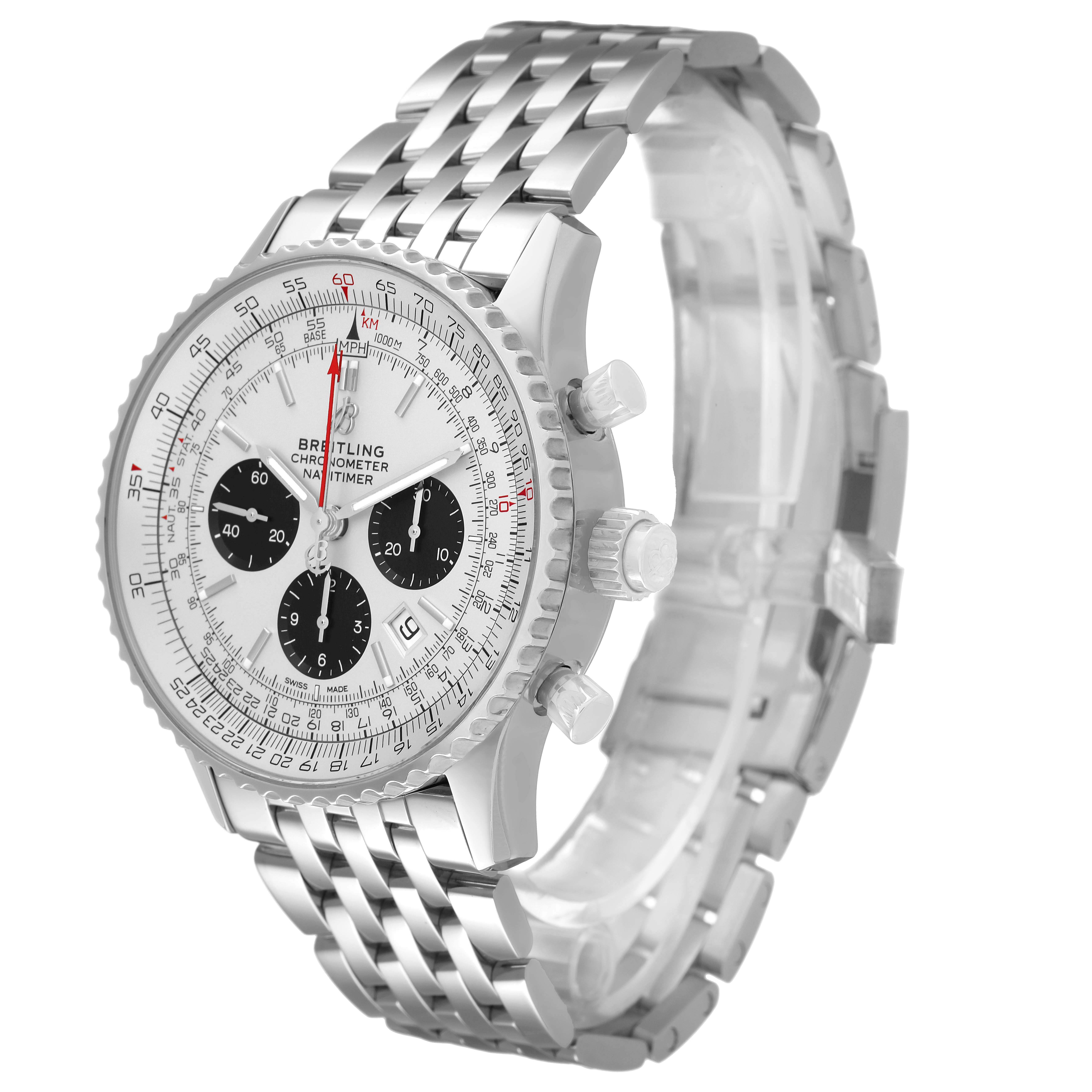The Breitling Navitimer AB0311 Men's Stainless Steel Silver Dial watch is shown at a three-quarter angle, highlighting the face, bezel, crown, pushers, and bracelet.