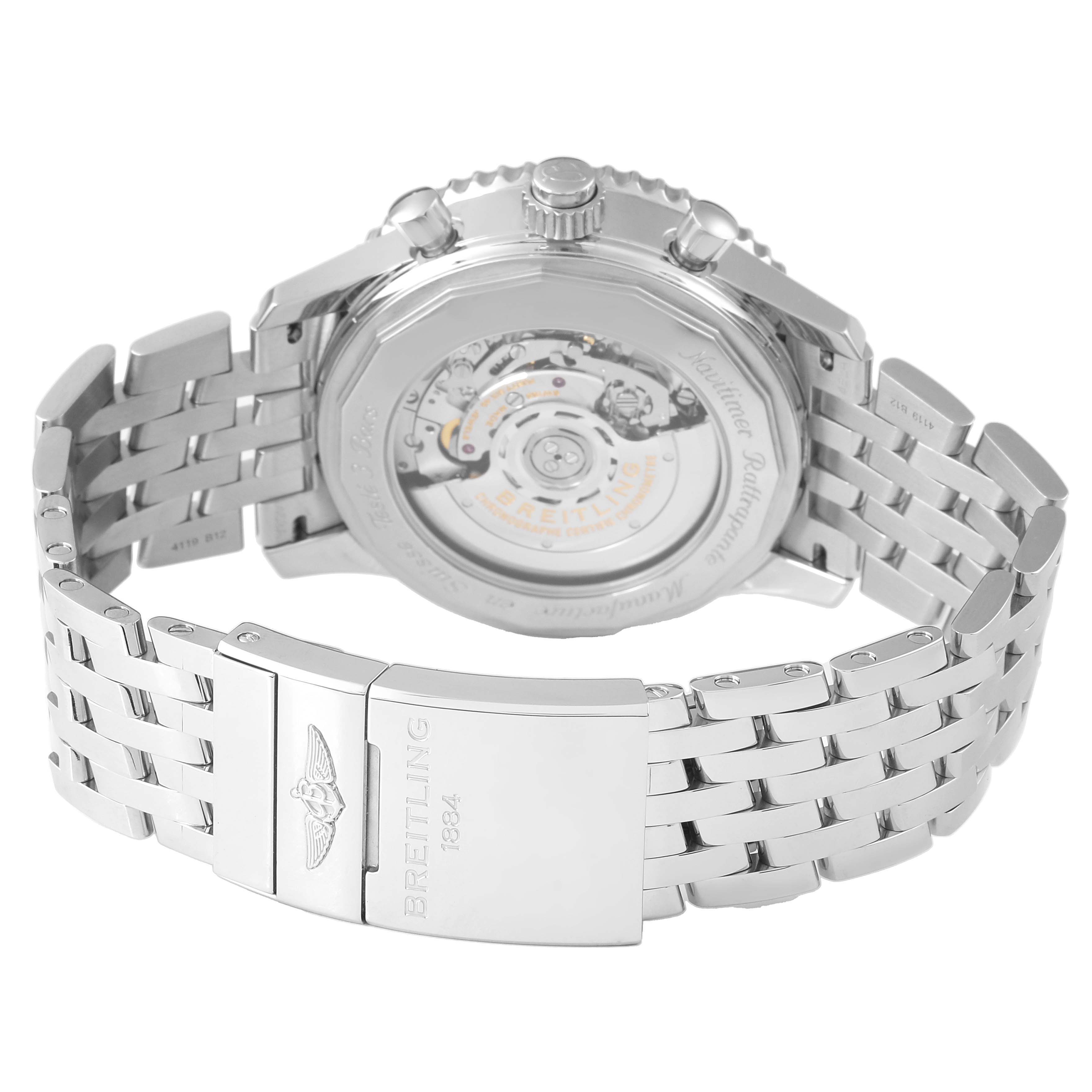 The Breitling Navitimer AB0311 Men's Stainless Steel Silver Dial watch is shown from the back, displaying the transparent case back and metal bracelet with a clasp.