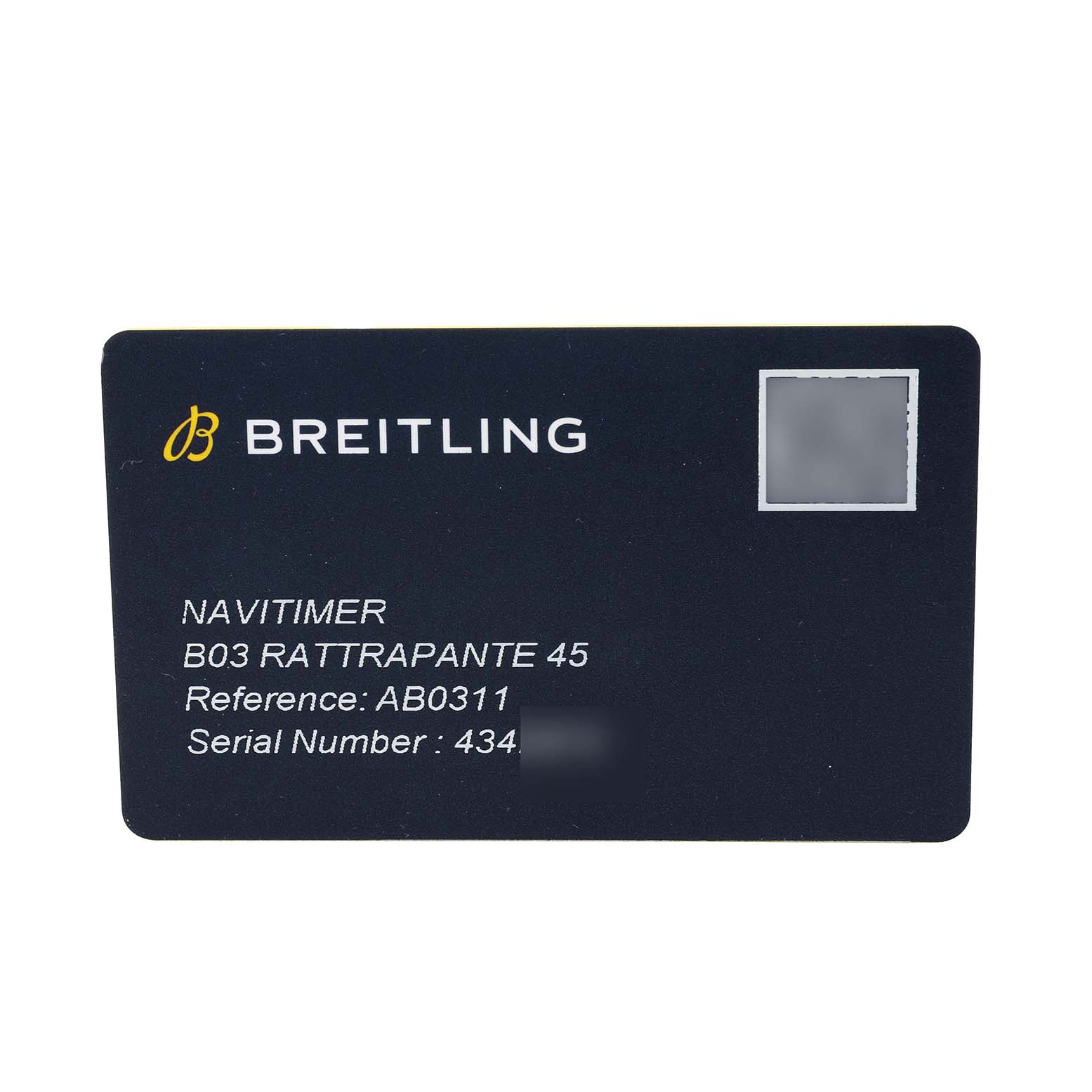 The image shows a Breitling Navitimer AB0311 Men's Stainless Steel Silver Dial B03 Rattrapante 45 warranty card, displaying the brand name, model, reference, and serial number.