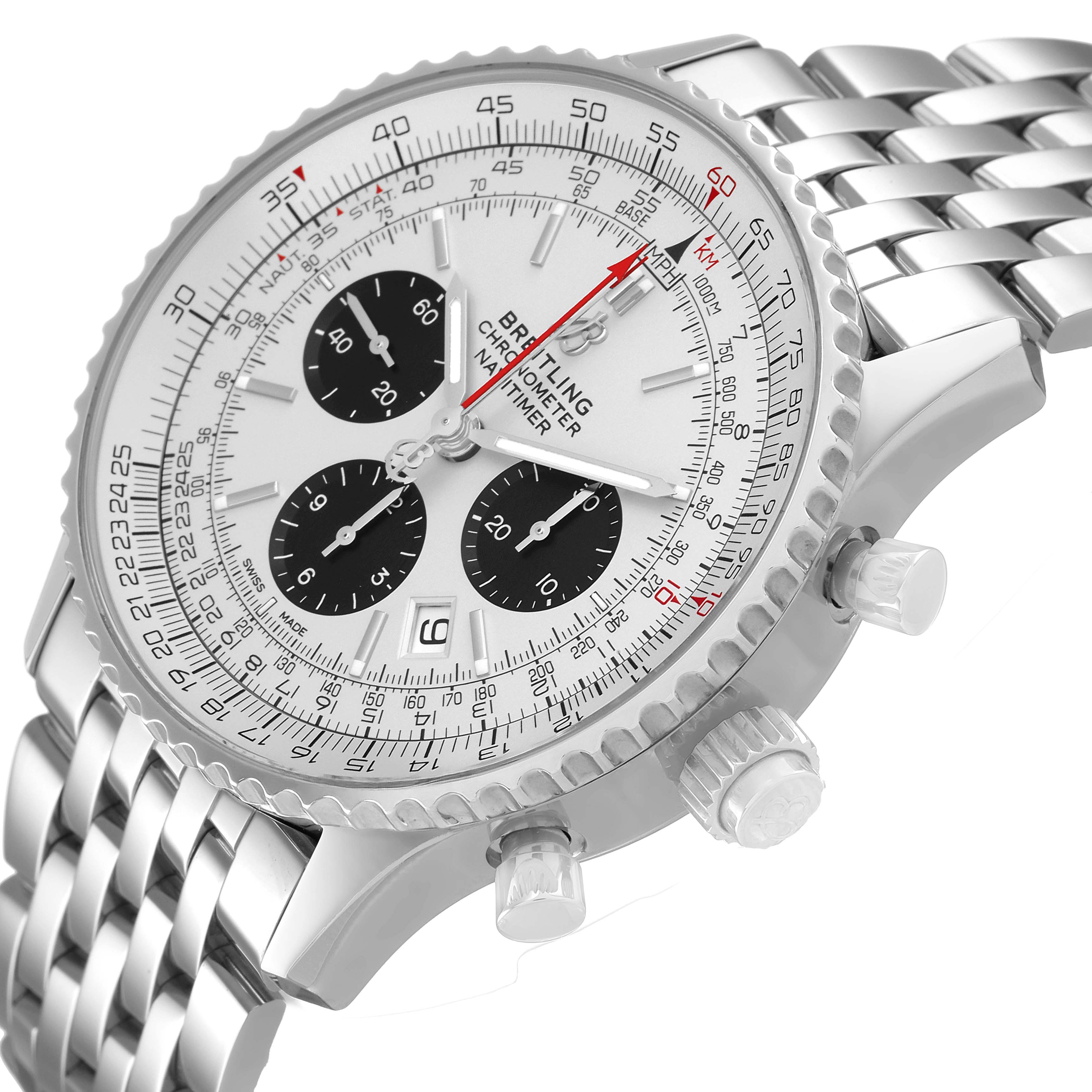 The Breitling Navitimer AB0311 Men's Stainless Steel Silver Dial watch is shown at a side angle, highlighting its bezel, chronograph dials, and stainless steel bracelet.