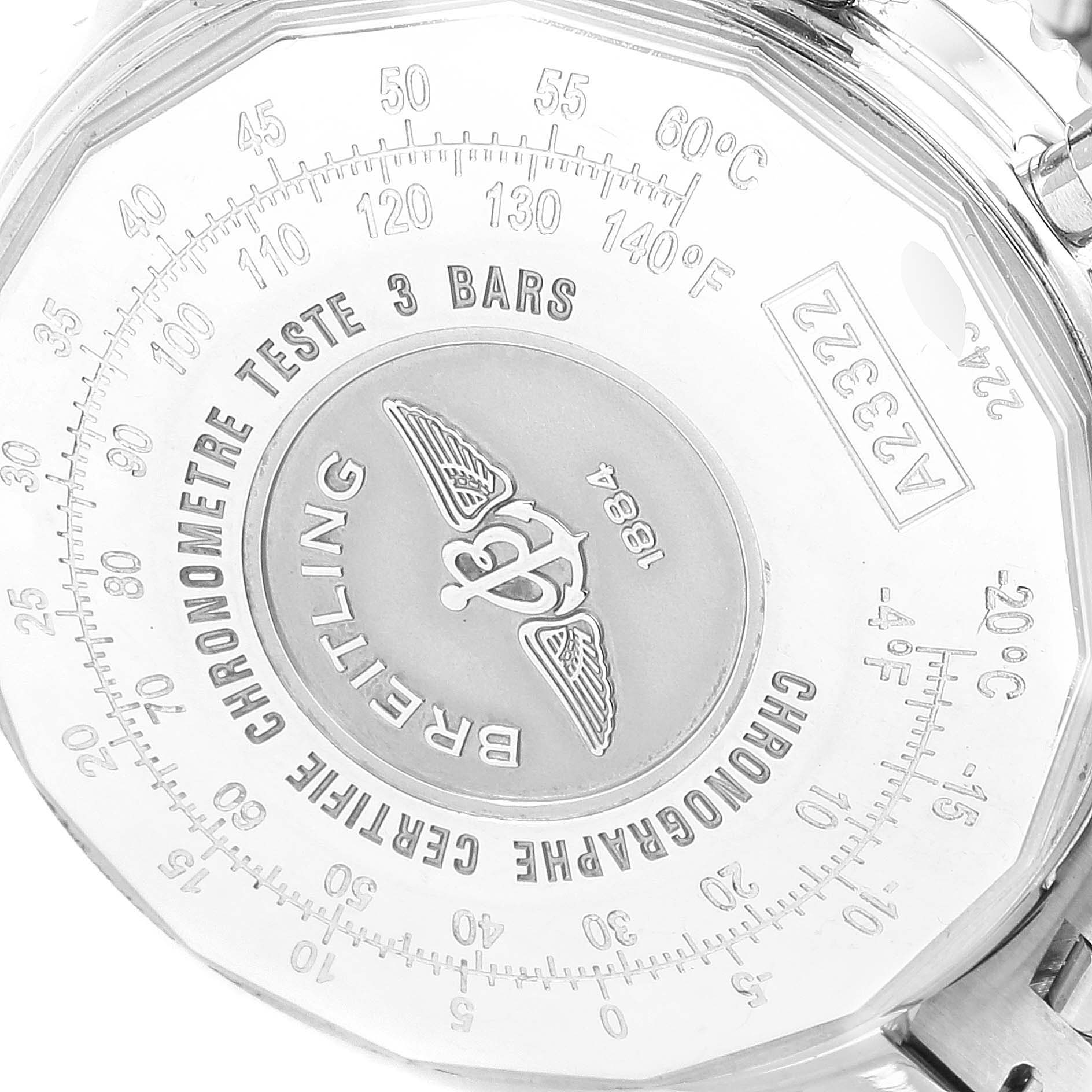 The image shows the back case of a Breitling Navitimer A23322 Men's Stainless Steel Silver Dial A23322 Men's Stainless Steel Silver Dial watch, displaying its model information and brand logo.