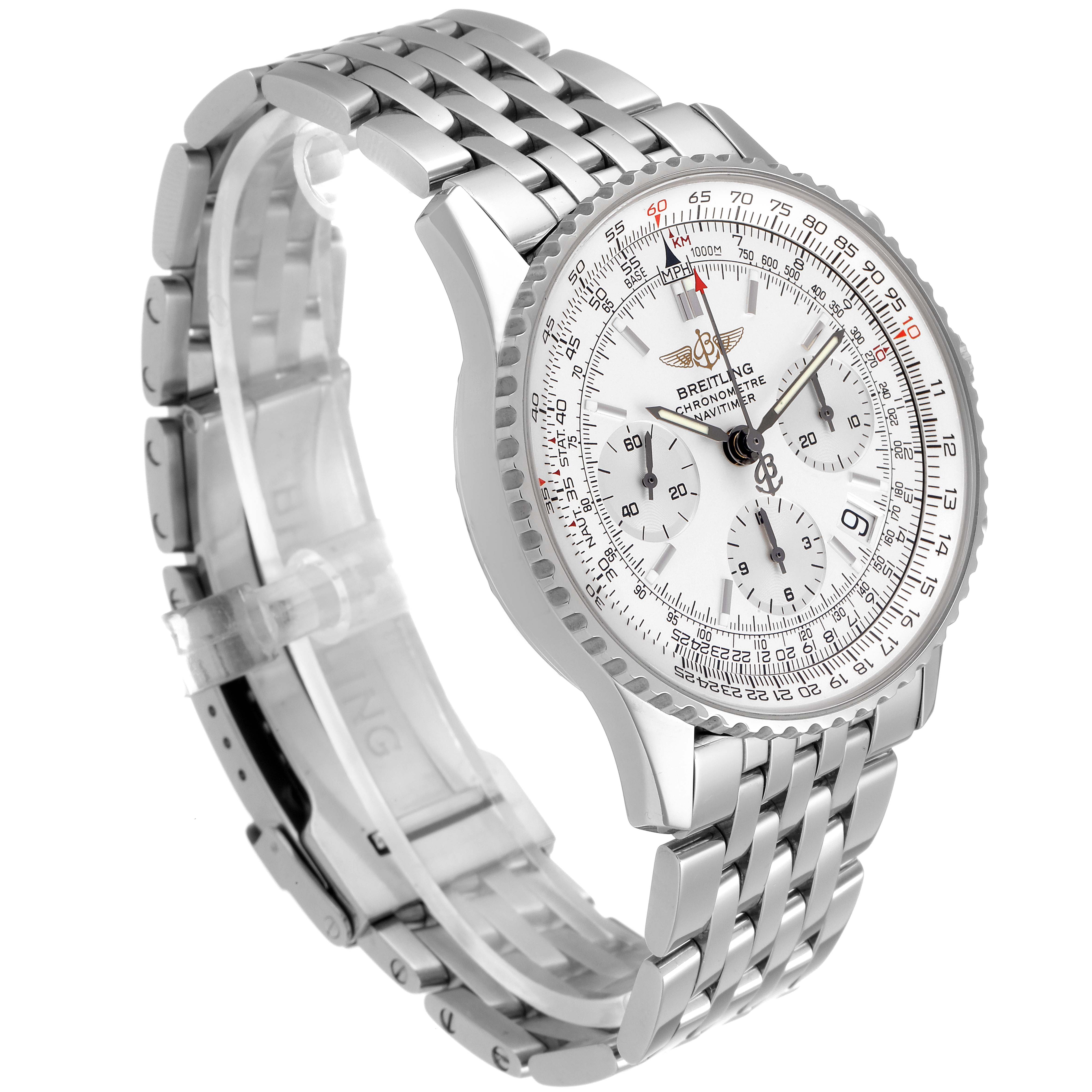 The image shows a side-front angle of a Breitling Navitimer A23322 Men's Stainless Steel Silver Dial A23322 Men's Stainless Steel Silver Dial watch, displaying its dial, bezel, and bracelet.