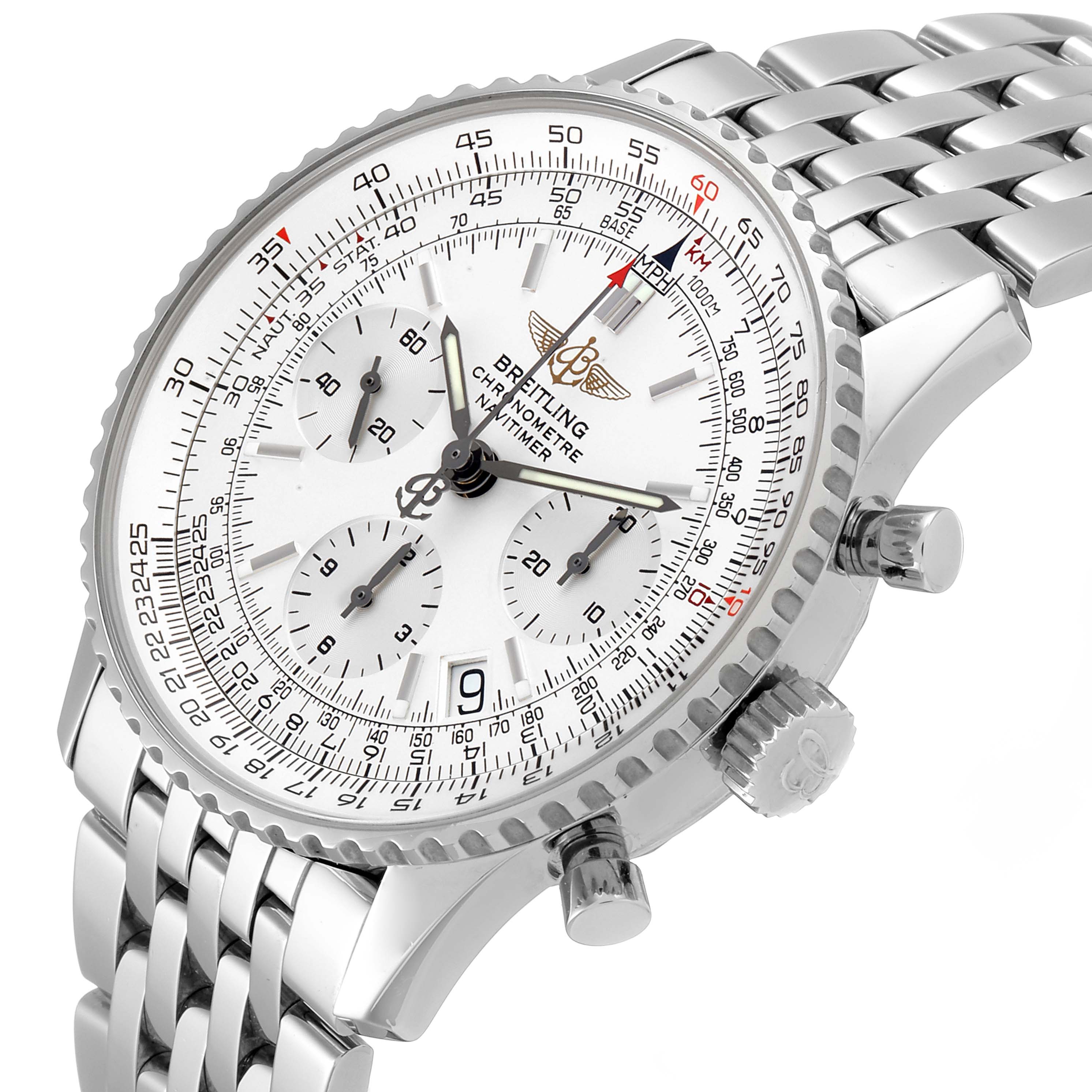 This image shows a Breitling Navitimer A23322 Men's Stainless Steel Silver Dial A23322 Men's Stainless Steel Silver Dial watch at an angled view, highlighting the dial, bezel, chronograph sub-dials, and stainless steel bracelet.