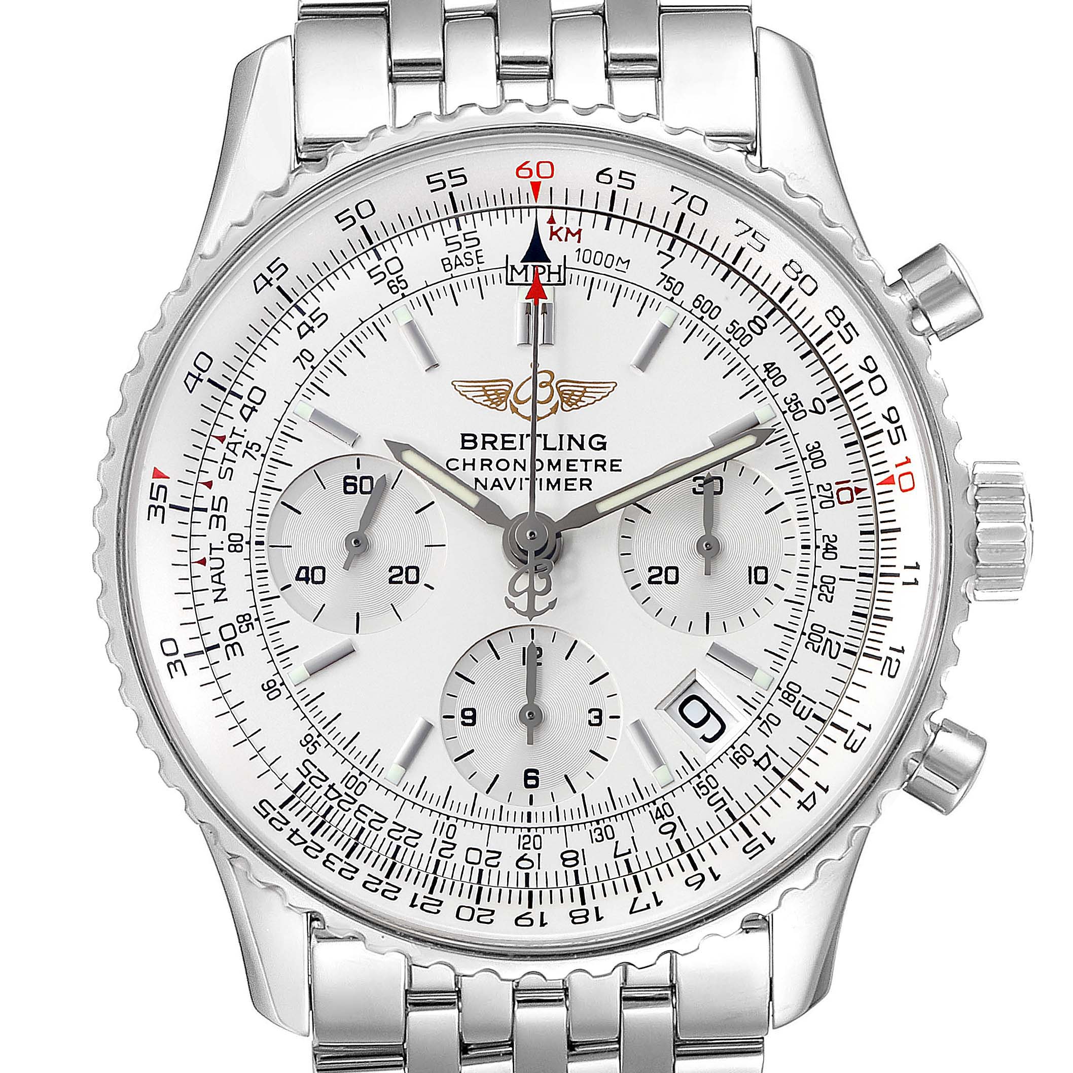 The image shows a frontal view of the Breitling Navitimer A23322 Men's Stainless Steel Silver Dial A23322 Men's Stainless Steel Silver Dial watch, highlighting its dial, chronograph subdials, bezel, and bracelet.