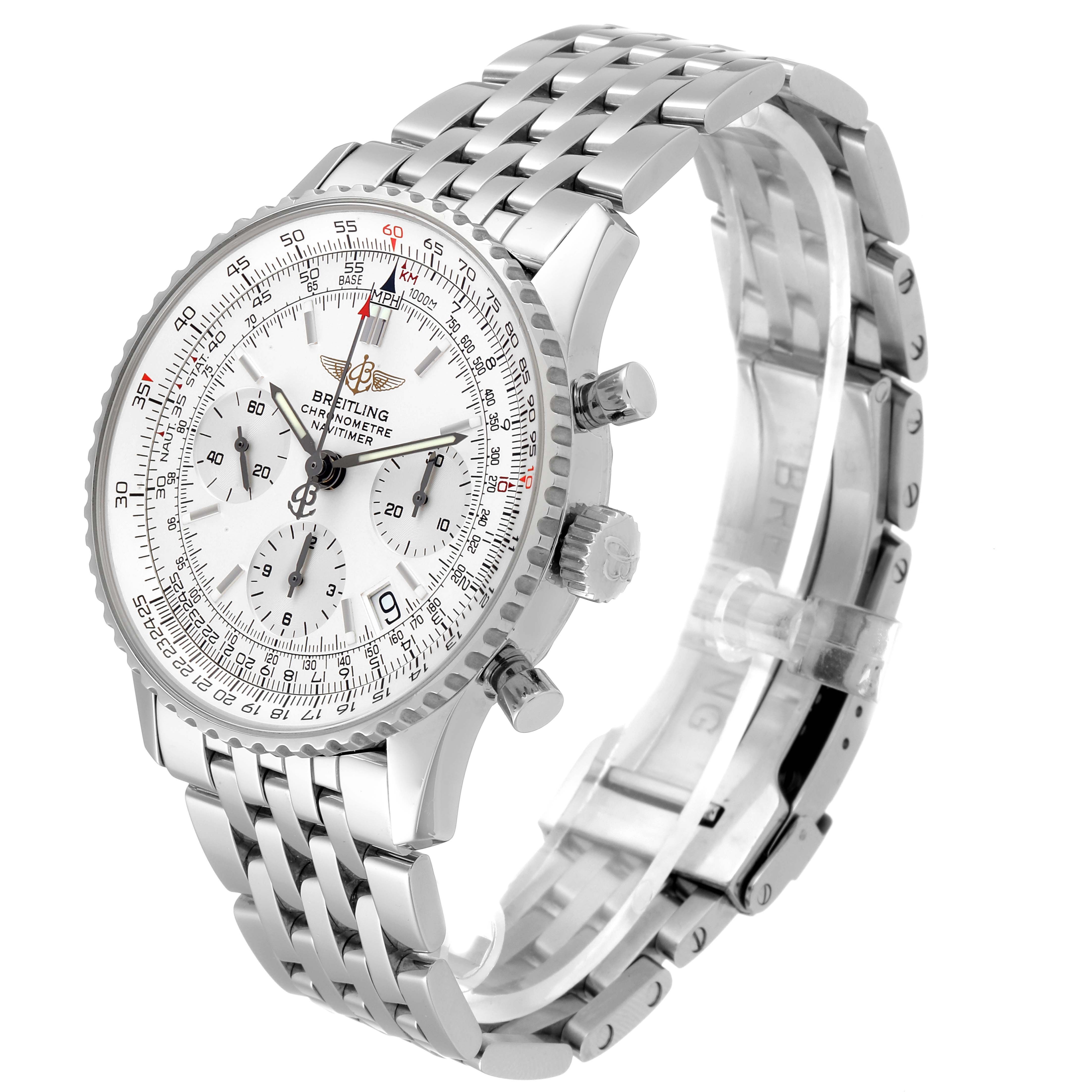 The image shows a Breitling Navitimer A23322 Men's Stainless Steel Silver Dial A23322 Men's Stainless Steel Silver Dial watch at a slight angle, highlighting the face, bezel, crown, pushers, and metal bracelet.