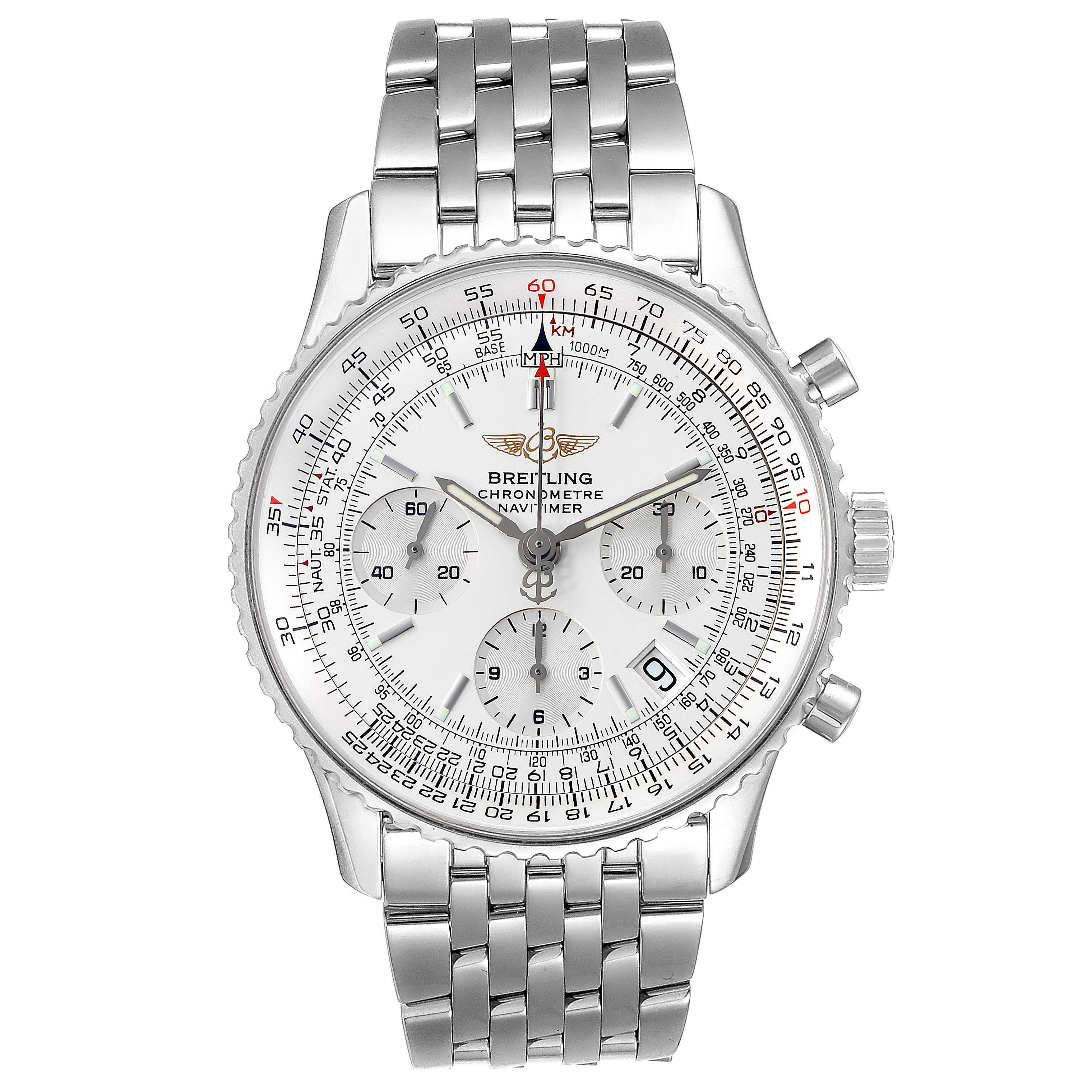This image shows a front view of a Breitling Navitimer A23322 Men's Stainless Steel Silver Dial A23322 Men's Stainless Steel Silver Dial watch, featuring its dial and stainless steel bracelet.