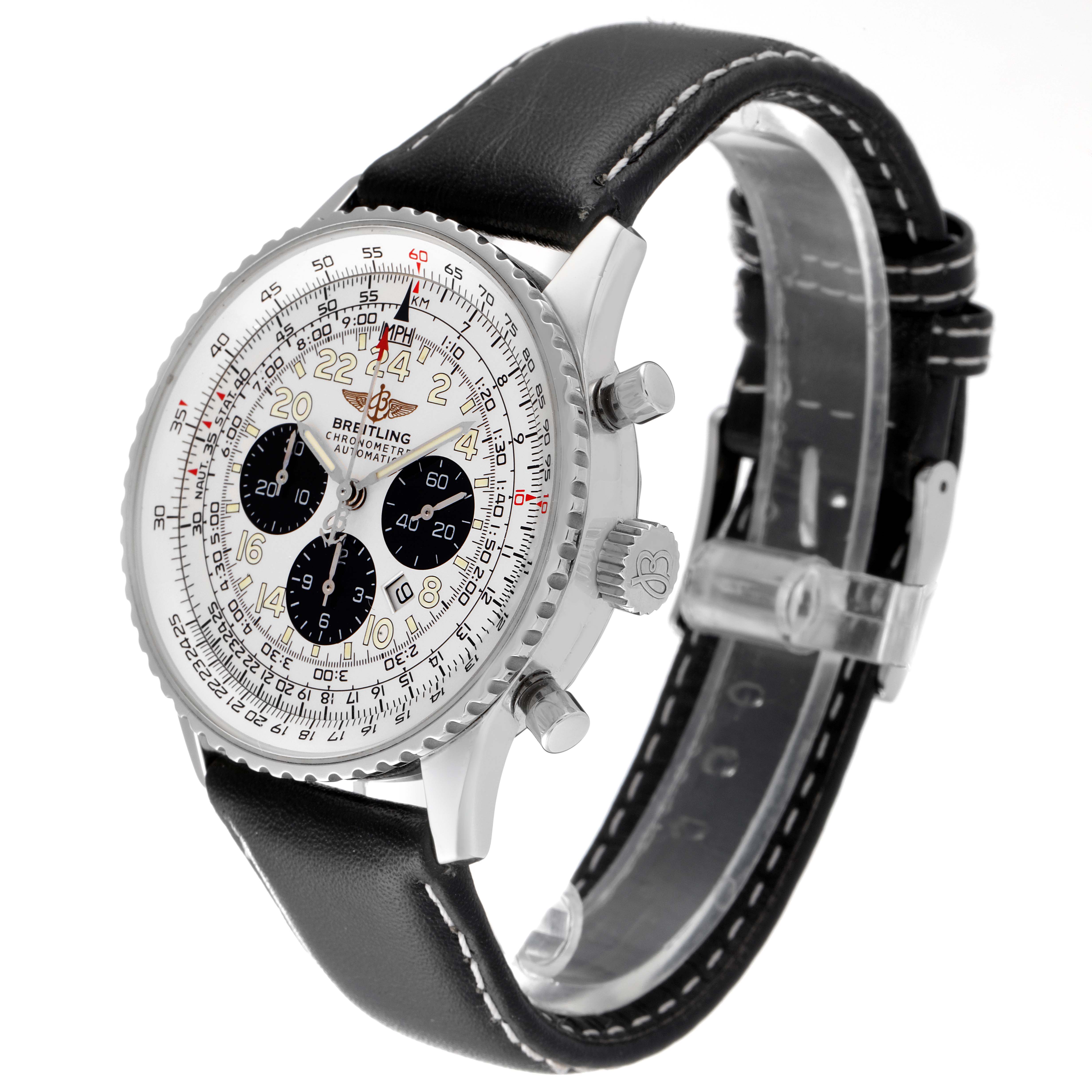 The Breitling Navitimer A22322 Men's Stainless Steel Silver Dial A22322 Men's Stainless Steel Silver Dial watch is shown at a slight angle, displaying the face, crown, pushers, and leather strap.