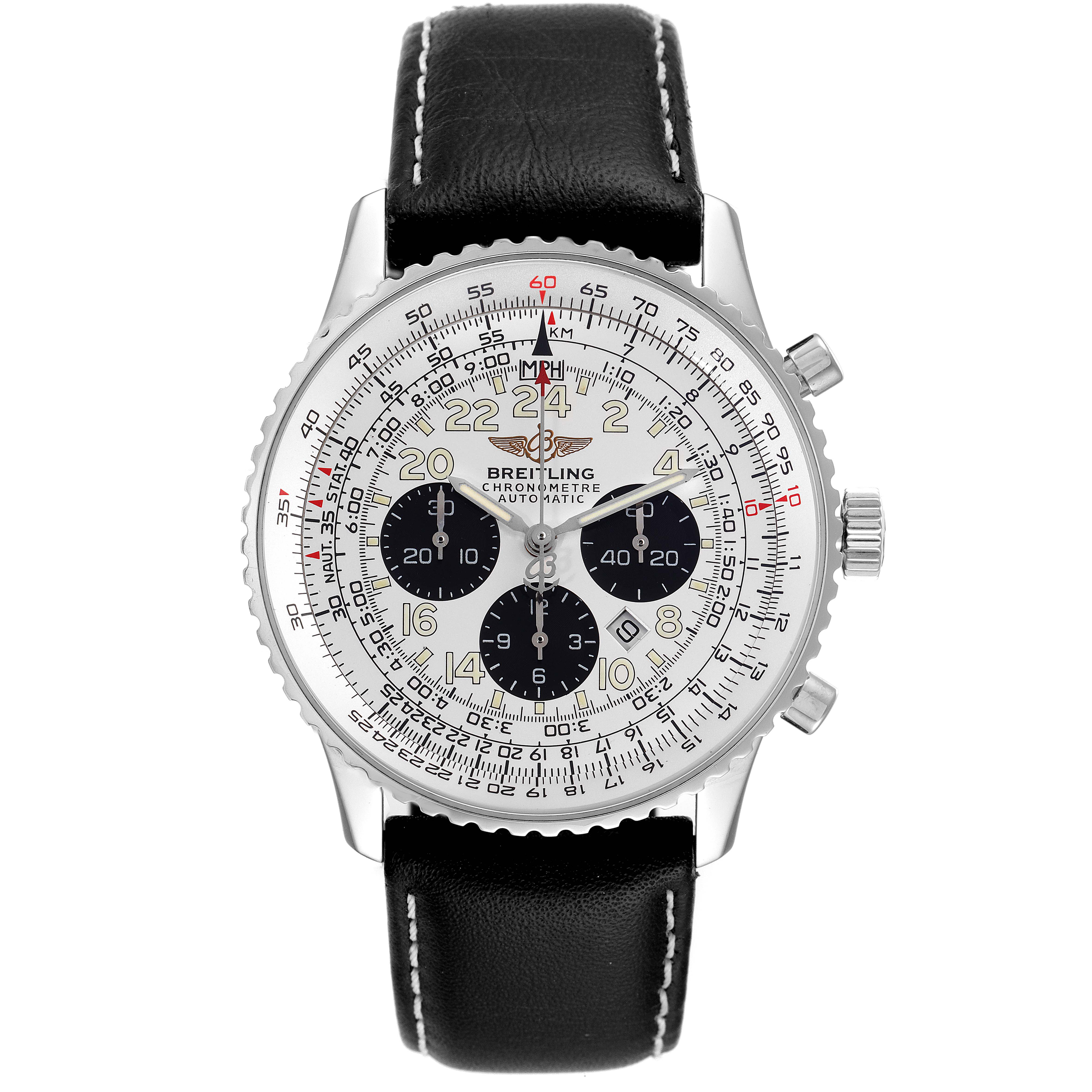 The image displays the Breitling Navitimer A22322 Men's Stainless Steel Silver Dial A22322 Men's Stainless Steel Silver Dial watch from a front view, showcasing its face, bezel, and black leather strap.