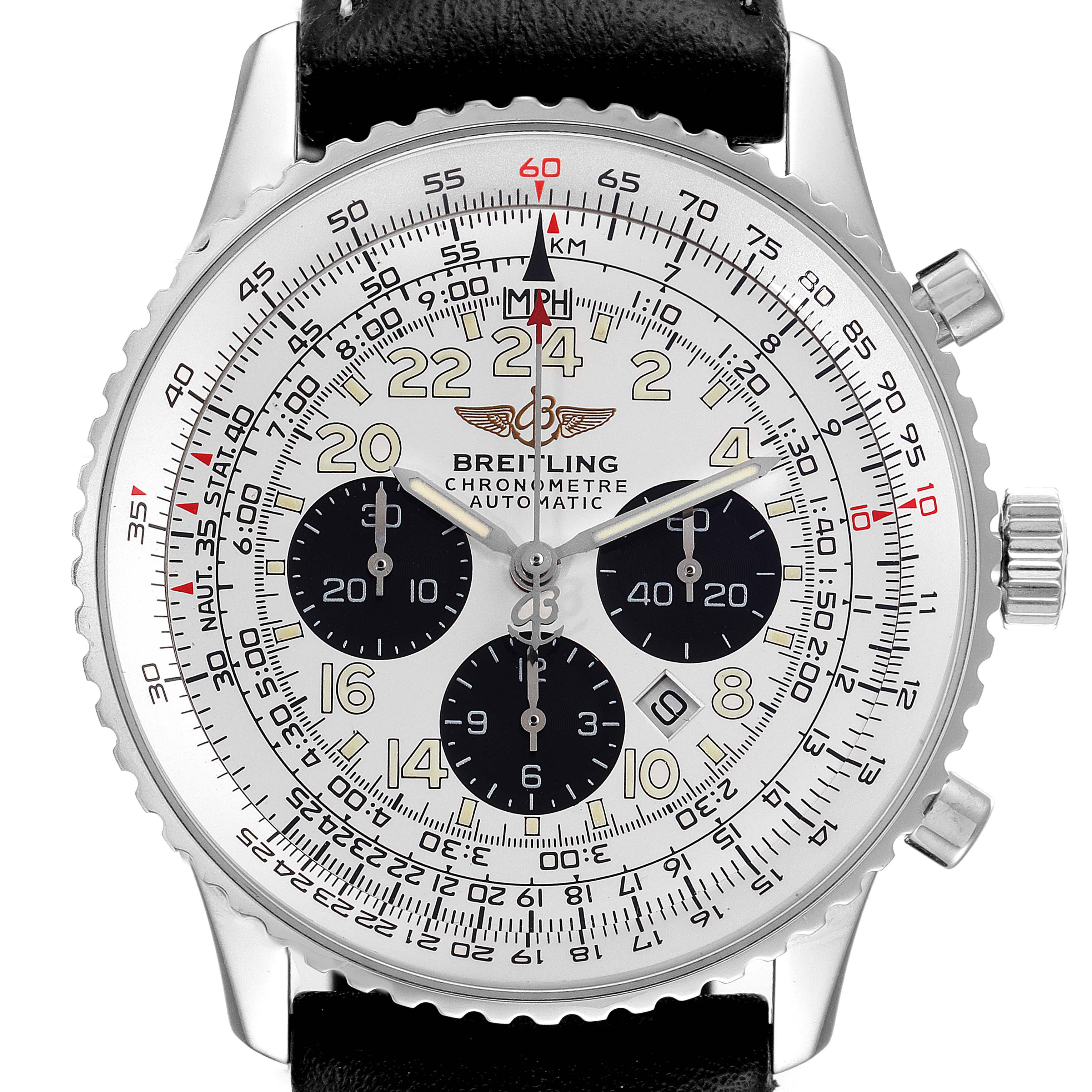 The image shows a front view of the Breitling Navitimer A22322 Men's Stainless Steel Silver Dial A22322 Men's Stainless Steel Silver Dial watch, displaying the dial, bezel, chronograph subdials, and crown.