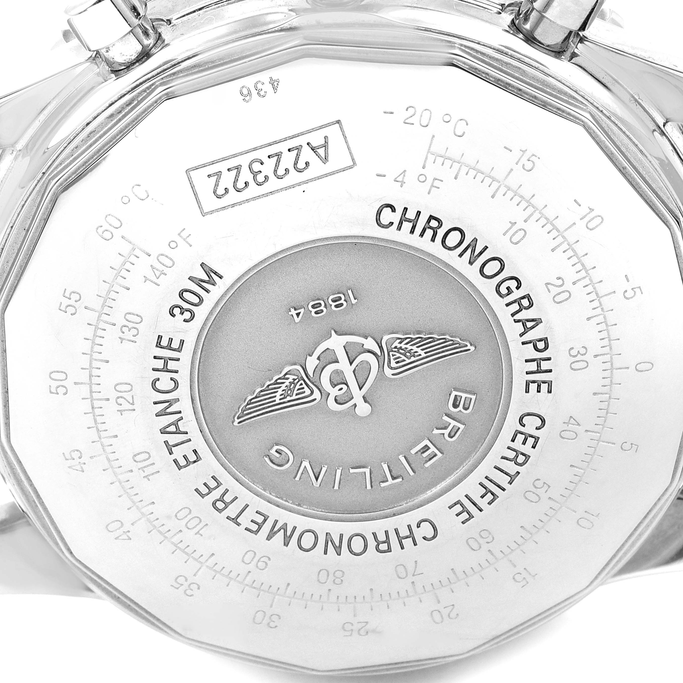 This image shows the case back of a Breitling Navitimer A22322 Men's Stainless Steel Silver Dial A22322 Men's Stainless Steel Silver Dial watch, featuring various inscriptions and the brand's logo.