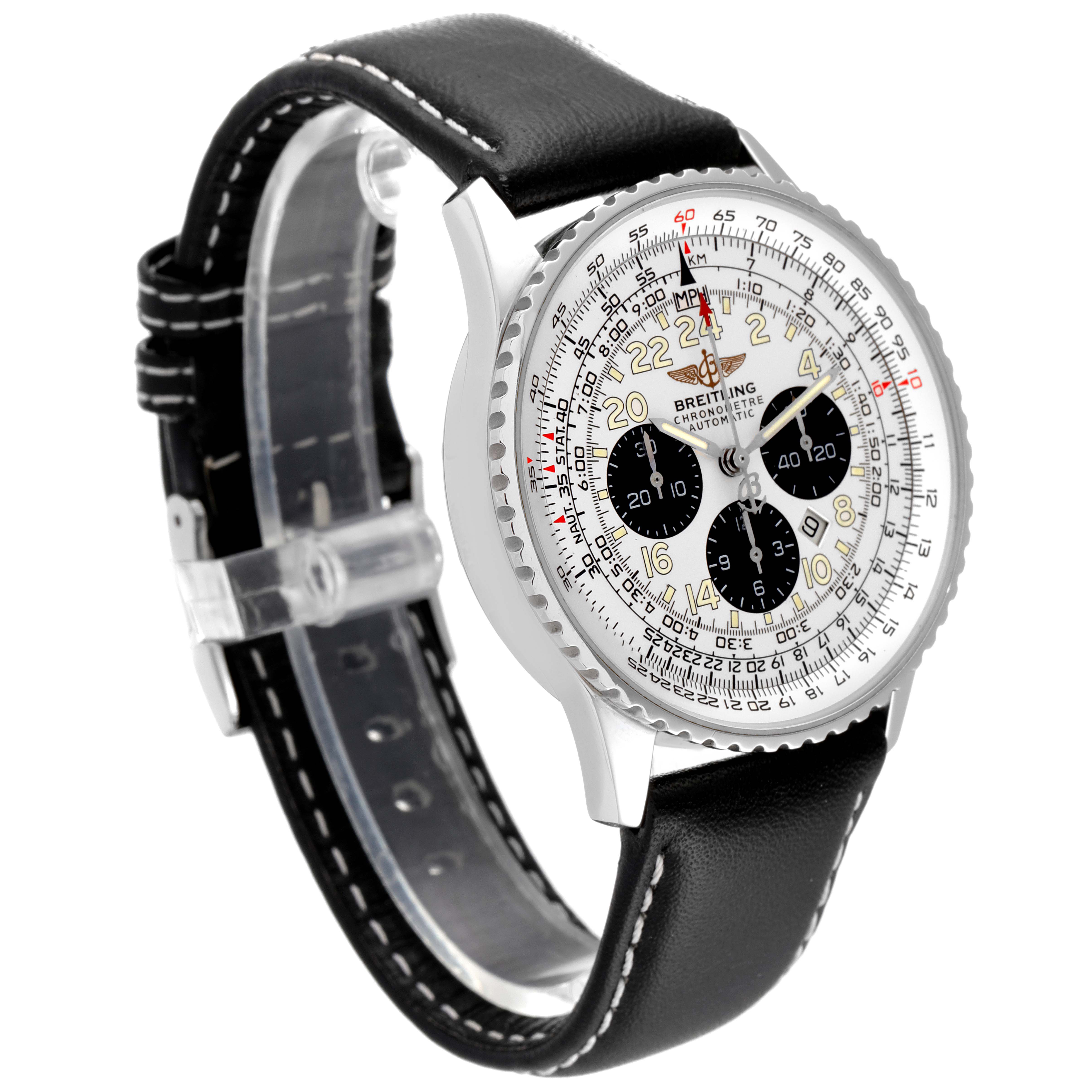 The image shows a Breitling Navitimer A22322 Men's Stainless Steel Silver Dial A22322 Men's Stainless Steel Silver Dial watch at an angle showcasing the face, bezel, and black leather strap.