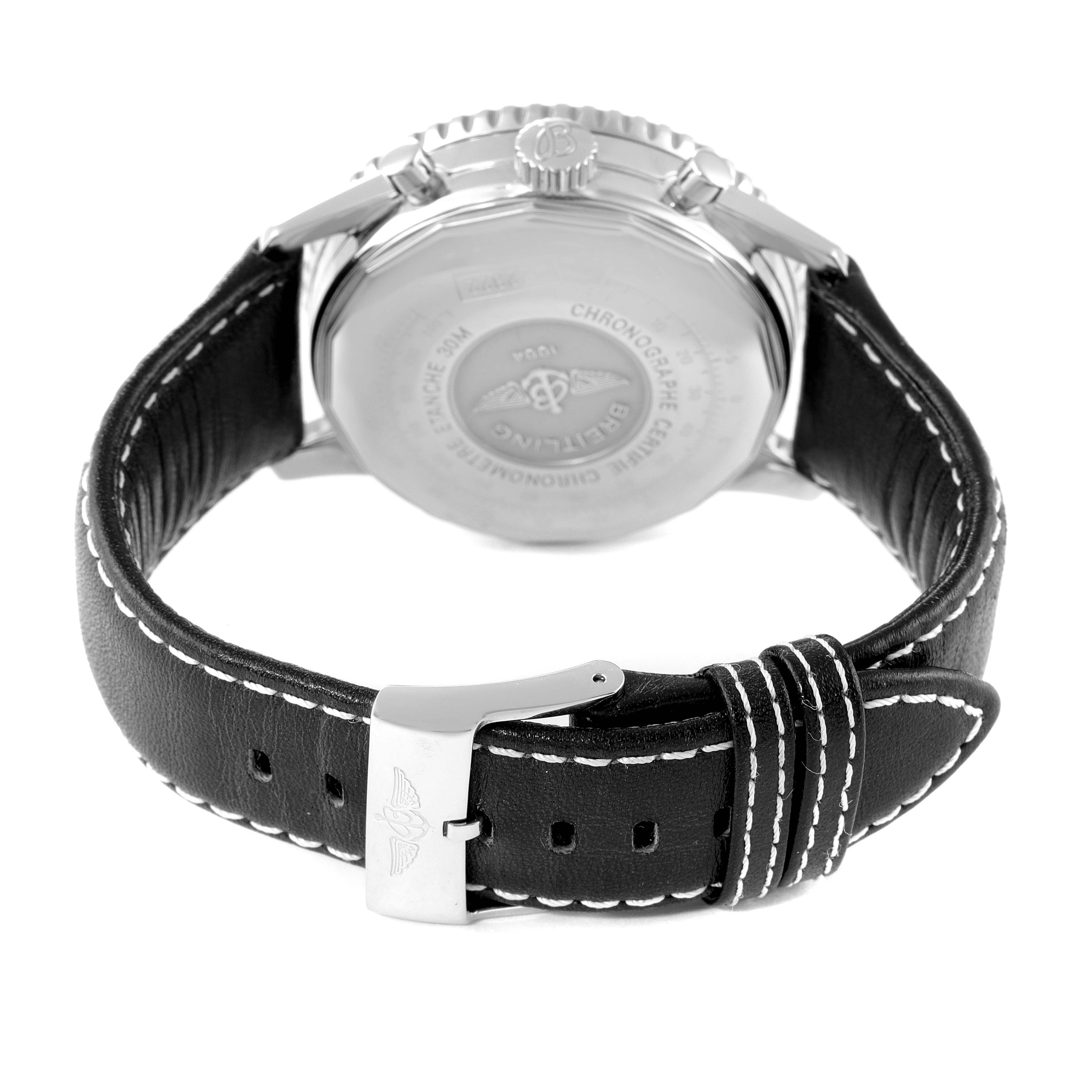 The image shows the back case and leather strap with buckle of a Breitling Navitimer A22322 Men's Stainless Steel Silver Dial A22322 Men's Stainless Steel Silver Dial watch.