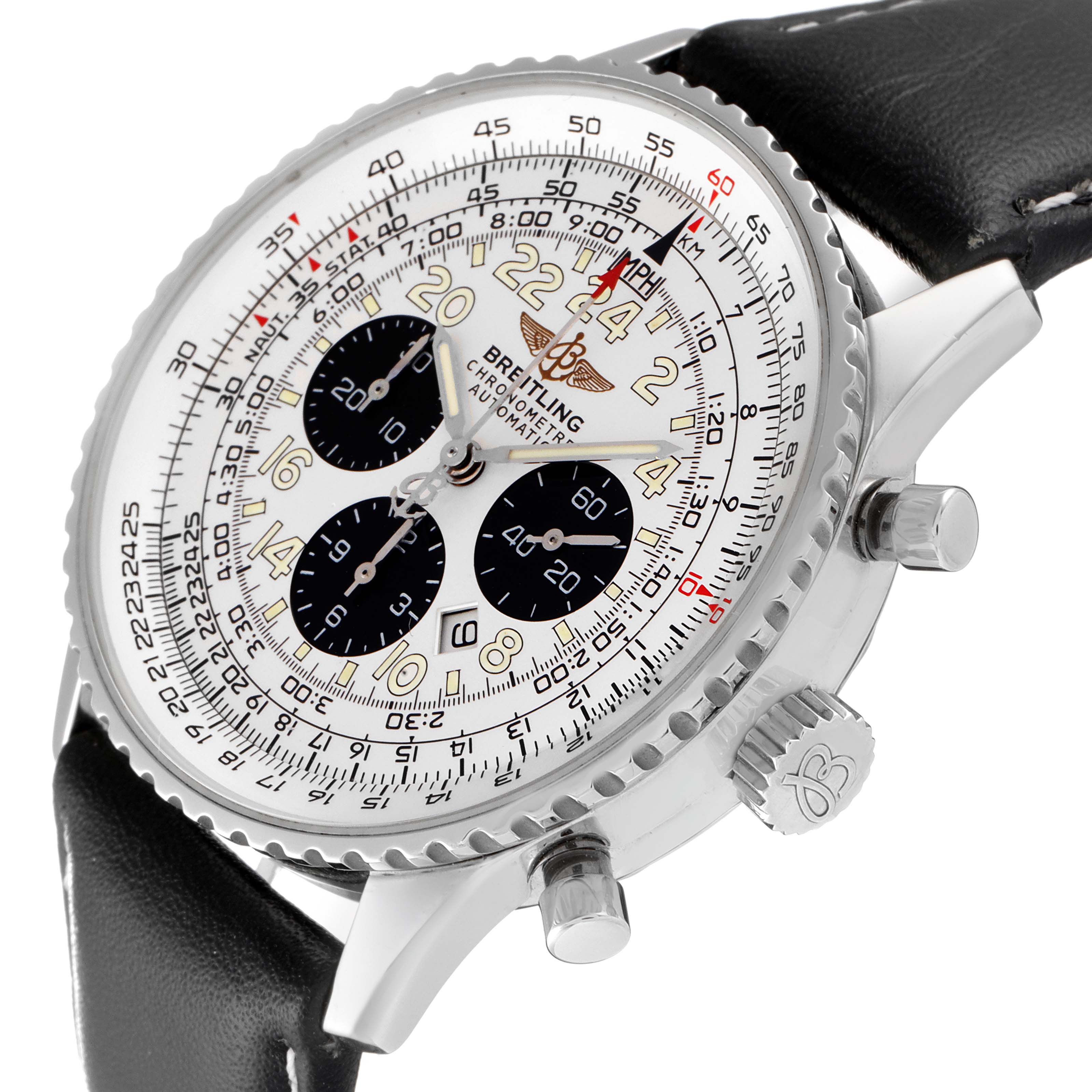 The image shows a close-up, angled side view of the Breitling Navitimer A22322 Men's Stainless Steel Silver Dial A22322 Men's Stainless Steel Silver Dial model, highlighting the watch face, dials, bezel, and crown.