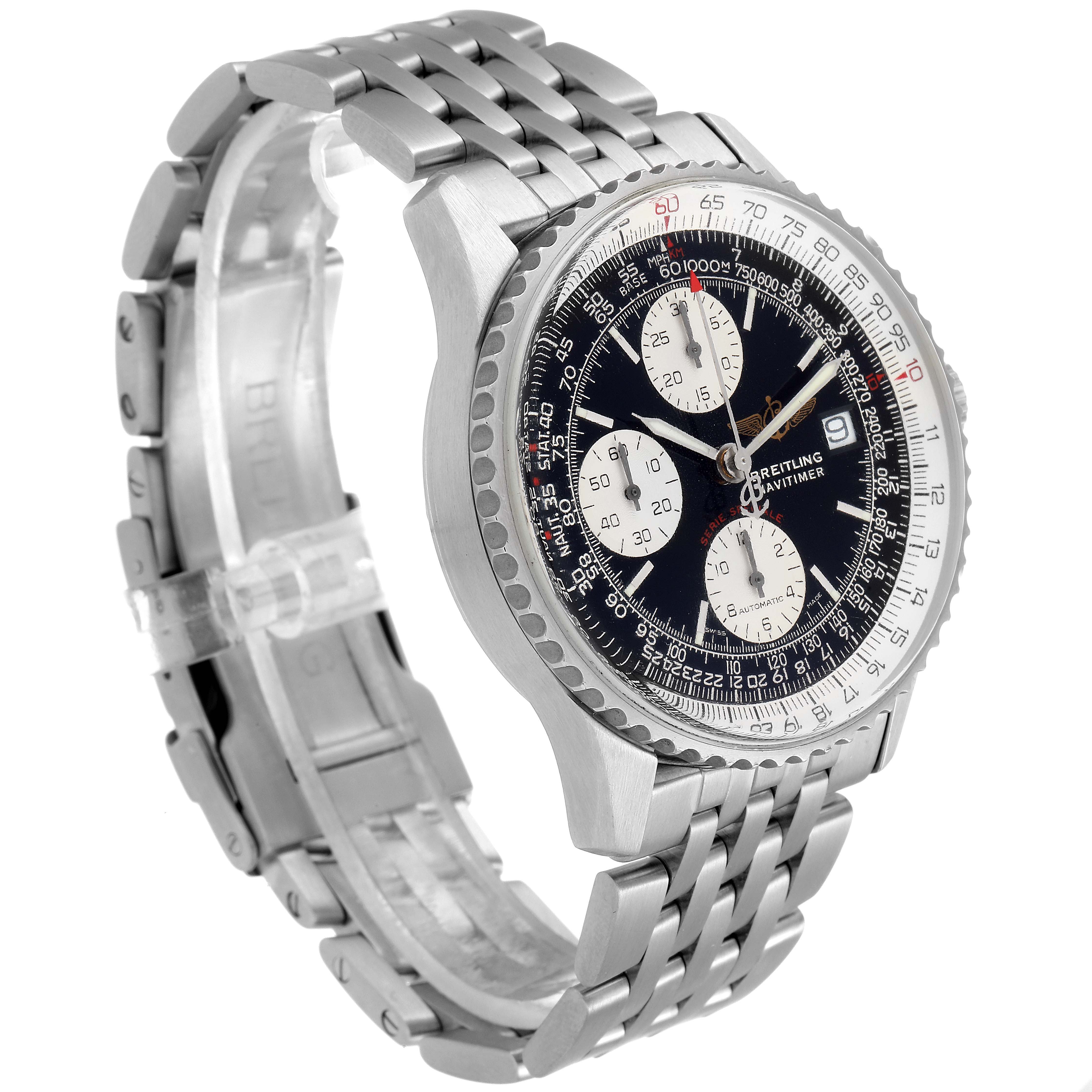 The Breitling Navitimer A13330 Men's Stainless Steel Black Dial A13330 Men's Stainless Steel Black Dial watch is shown at a three-quarter angle highlighting the dial, bezel, and stainless steel bracelet.