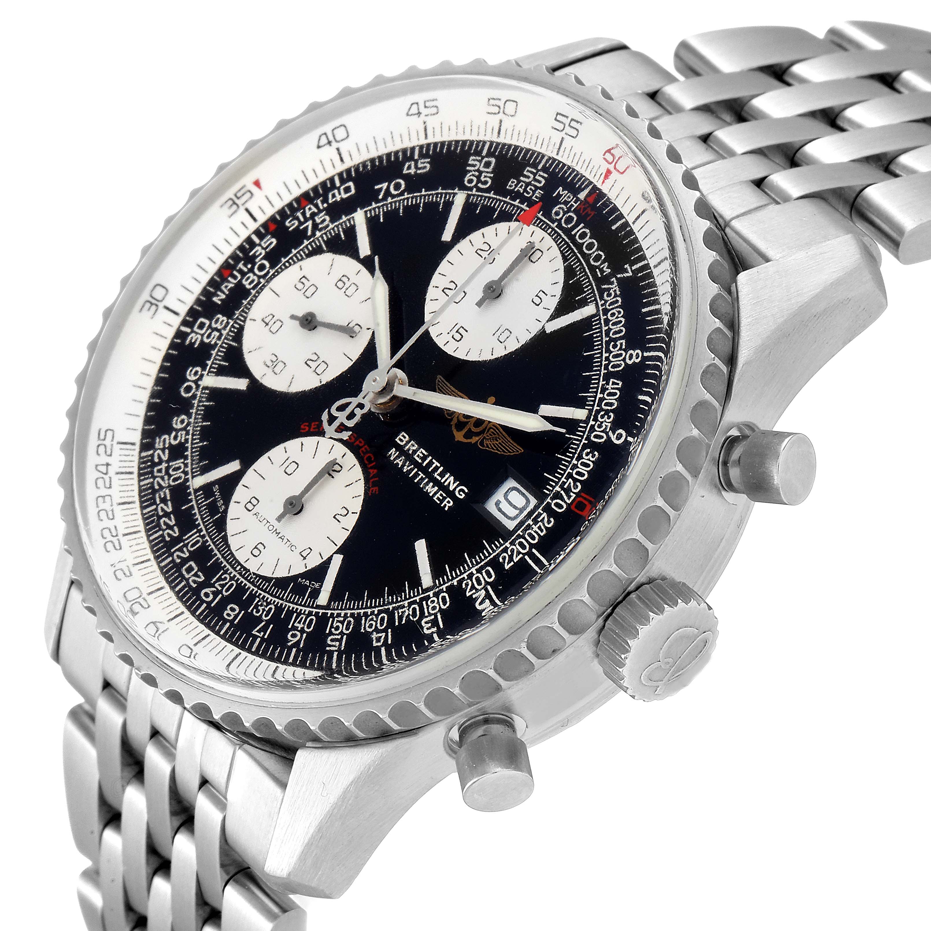 The image shows a close-up side angle of a Breitling Navitimer A13330 Men's Stainless Steel Black Dial A13330 Men's Stainless Steel Black Dial watch, highlighting the dial, bezel, crown, and pushers.
