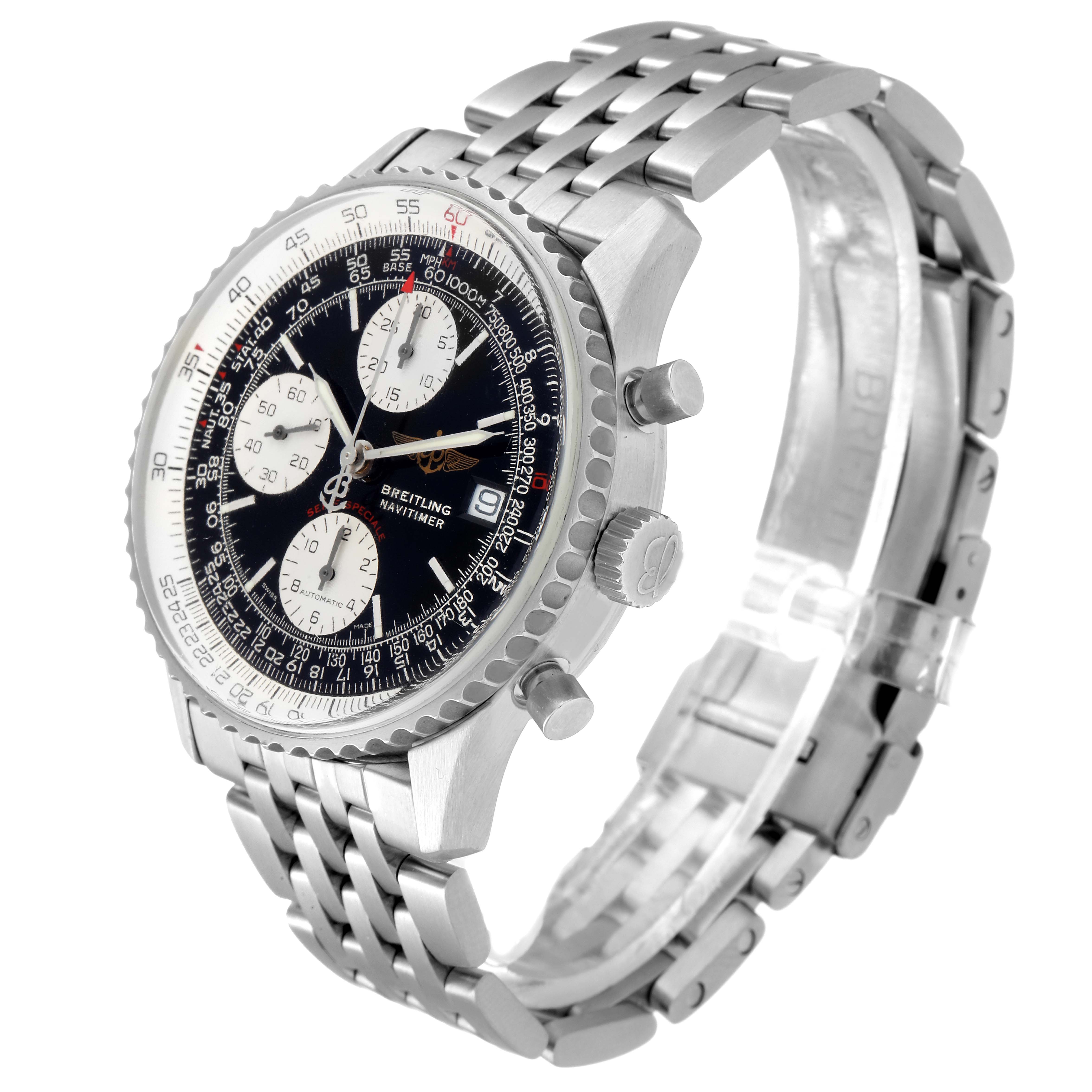 The image shows a Breitling Navitimer A13330 Men's Stainless Steel Black Dial A13330 Men's Stainless Steel Black Dial watch at a three-quarter angle, highlighting its dial, bezel, and metal bracelet.