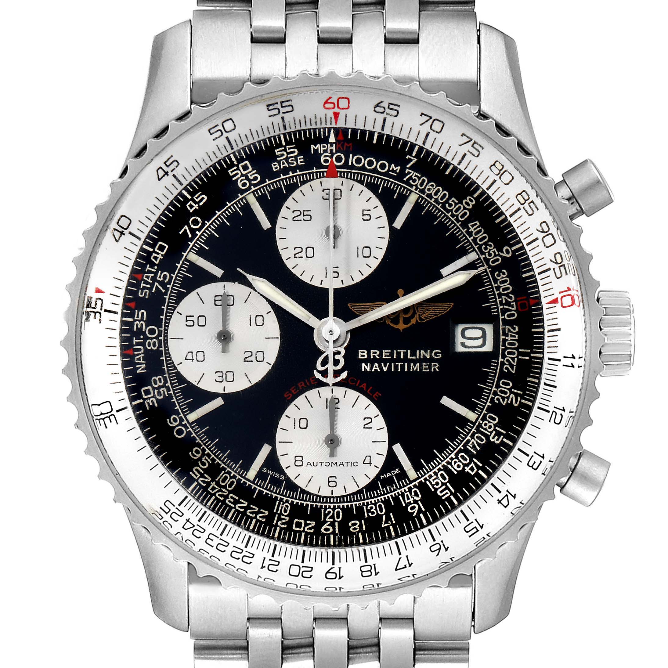 This is a front view of a Breitling Navitimer A13330 Men's Stainless Steel Black Dial A13330 Men's Stainless Steel Black Dial watch showcasing the dial, bezel, subdials, and bracelet.