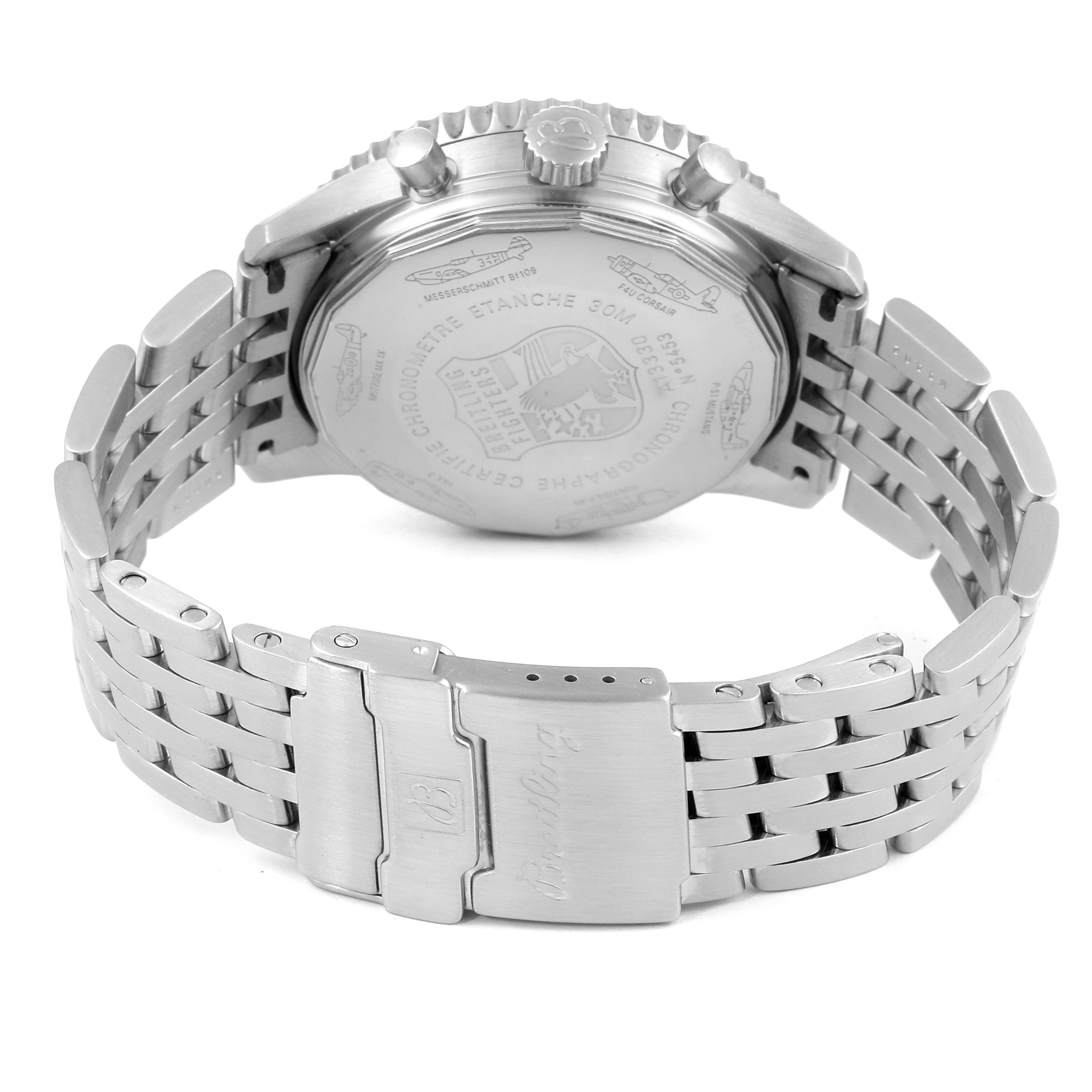 This image shows the back and bracelet of a Breitling Navitimer A13330 Men's Stainless Steel Black Dial A13330 Men's Stainless Steel Black Dial watch from an angled rear perspective.